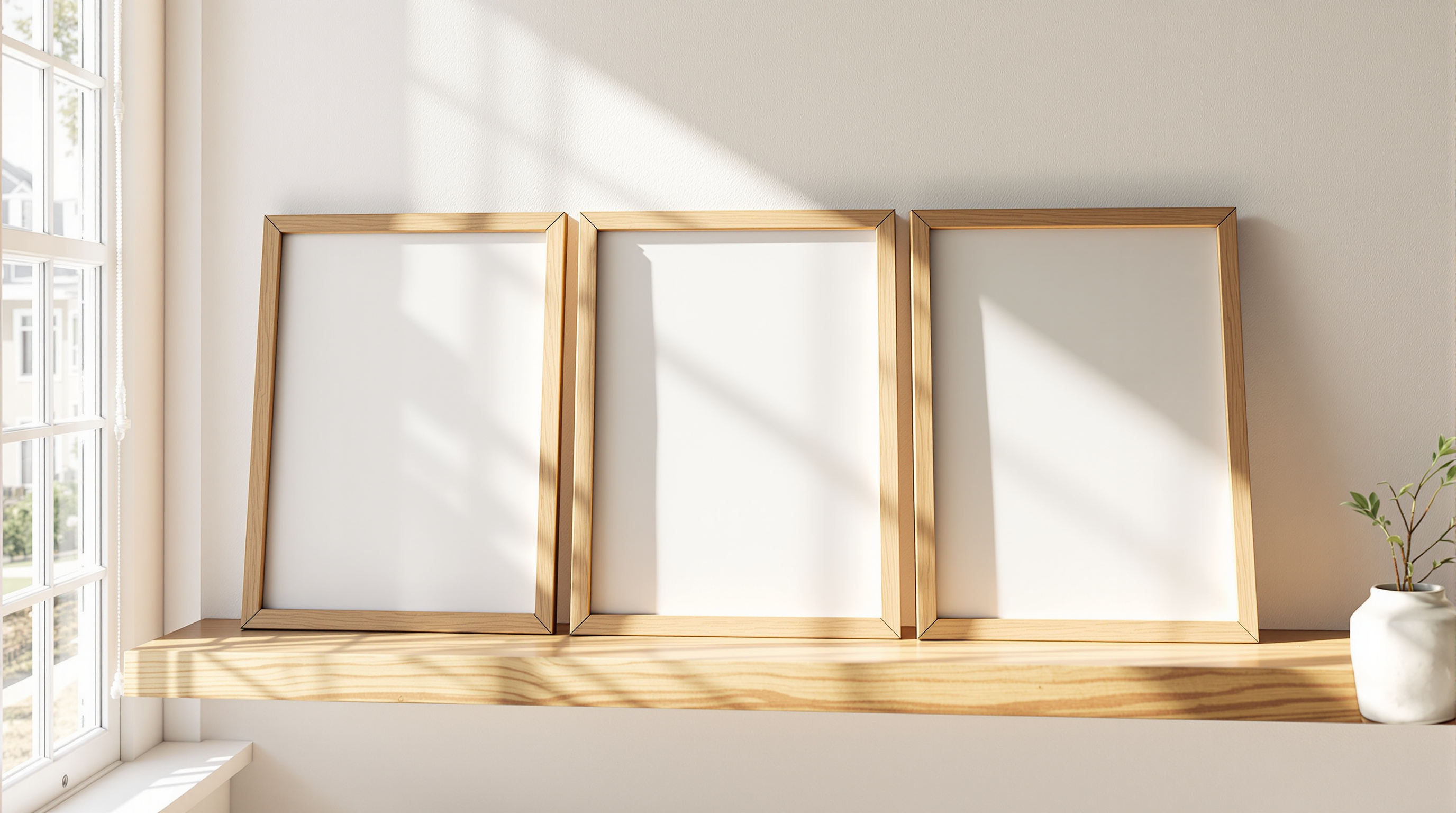 Three empty wooden picture frames leaning against a sunlit white wall on an oak shelf