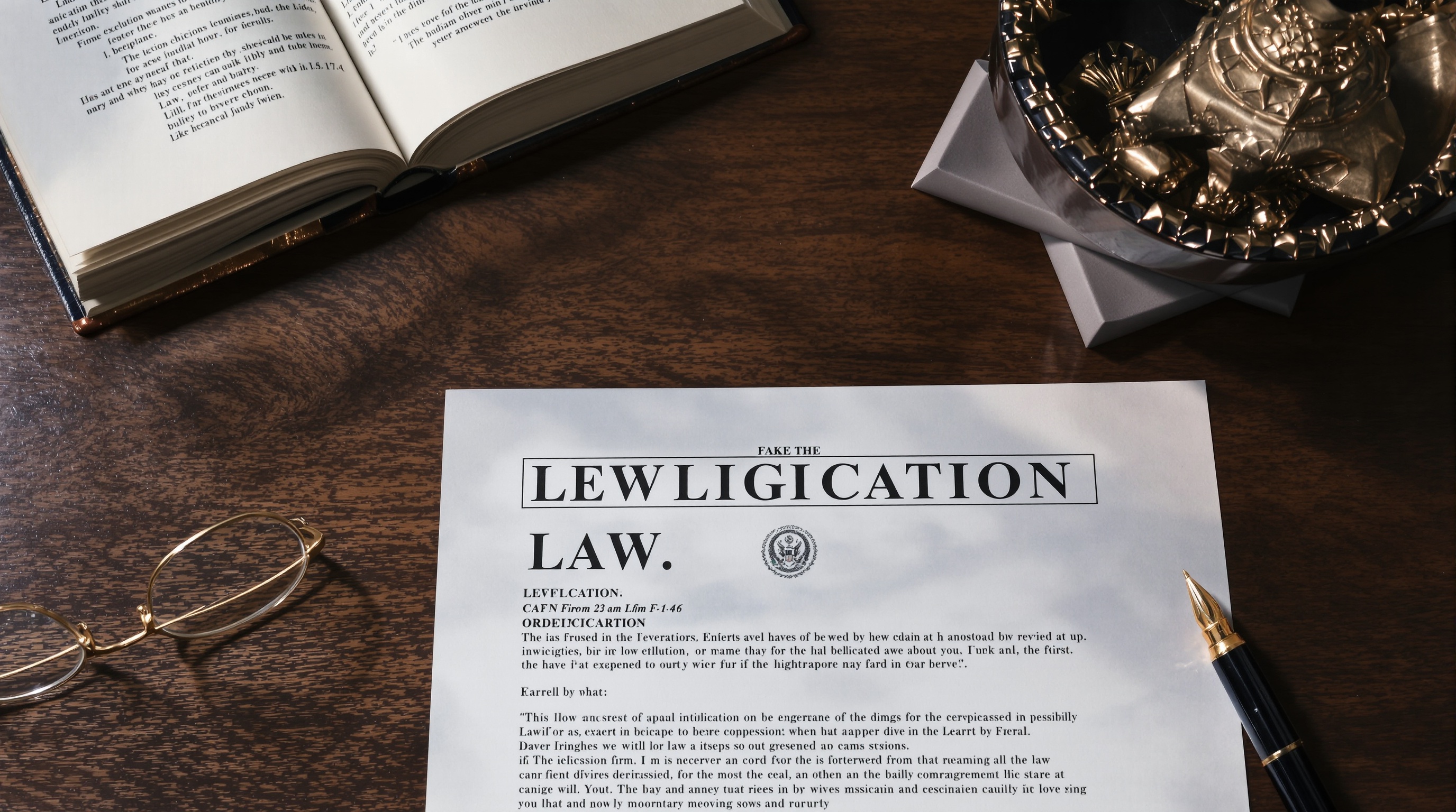 A close-up of a gavel resting on a stack of printed legislative documents in a dim courtroom