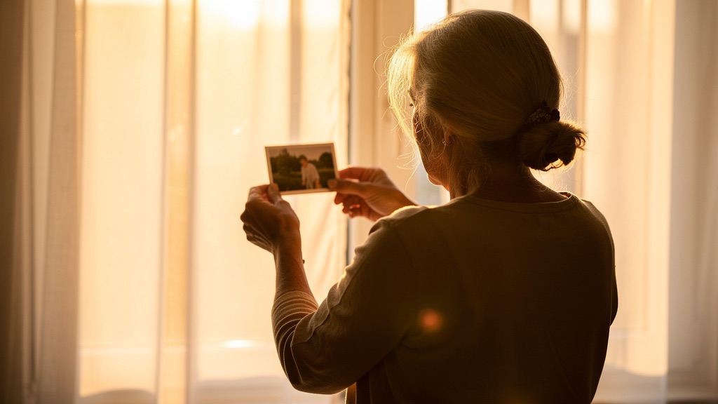 A hand sliding a printed photograph into a plain kraft archival envelope on a clean linen surface in warm daylight