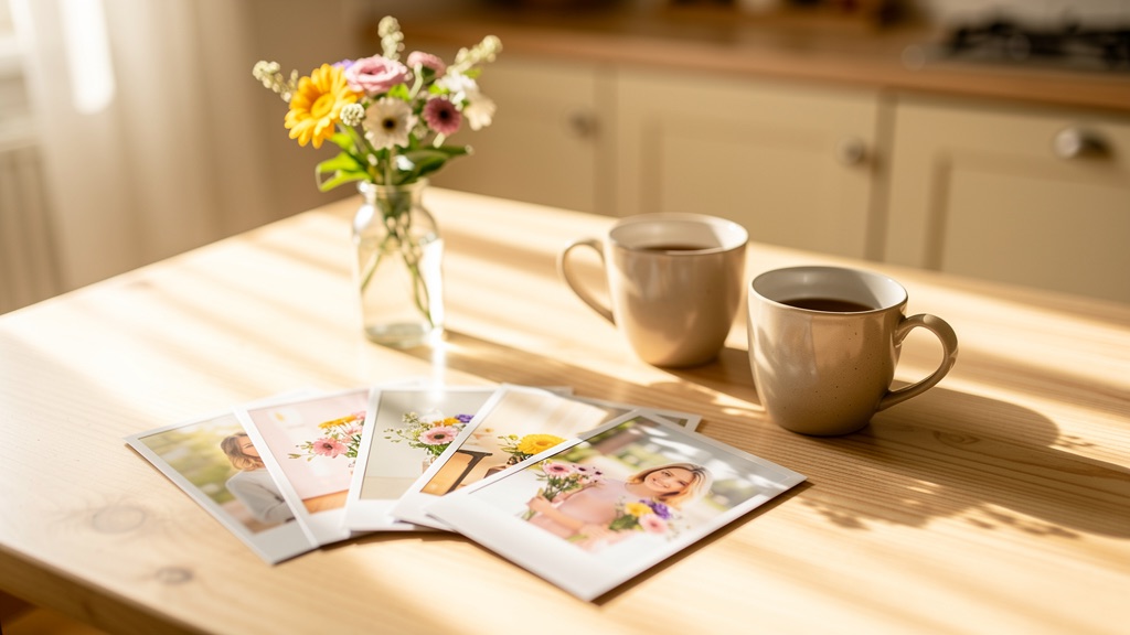 An open ring binder of small printed photographs in clear sleeves, with a glass magnifying loupe resting on one page under soft window light