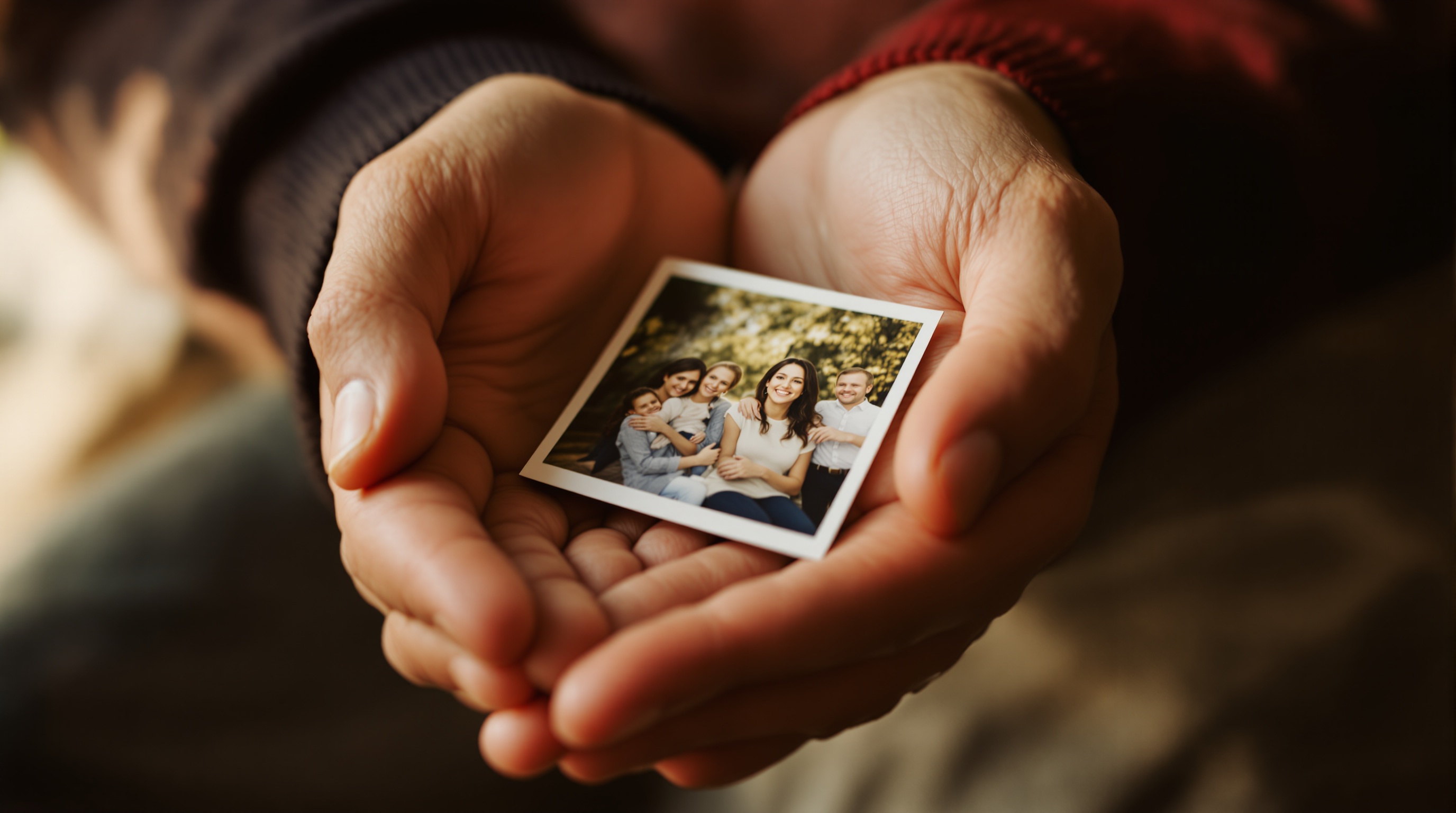 Two hands protectively cupping a small family photograph in warm golden light