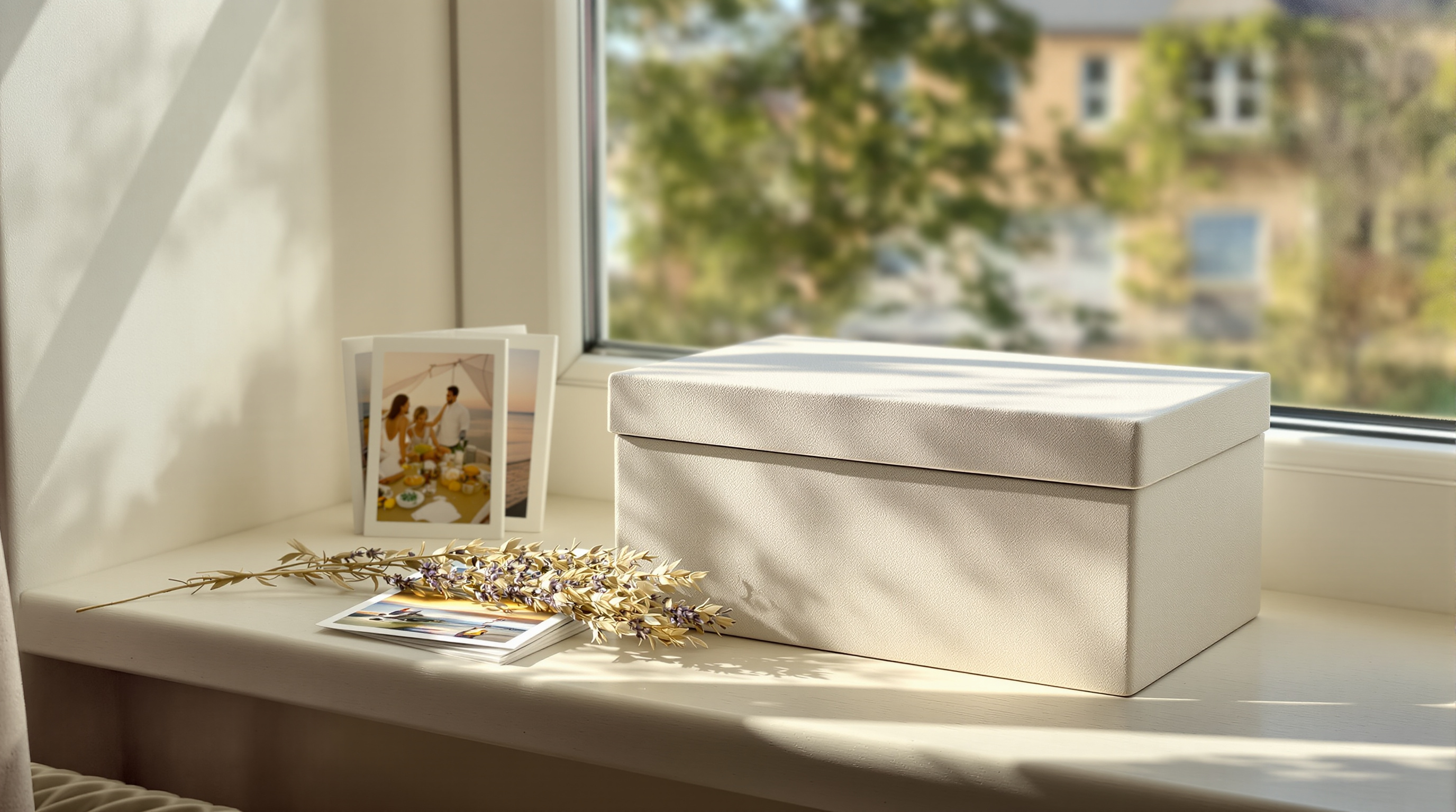 A closed cream keepsake box on a sunlit windowsill beside a few printed family photographs and a sprig of dried lavender