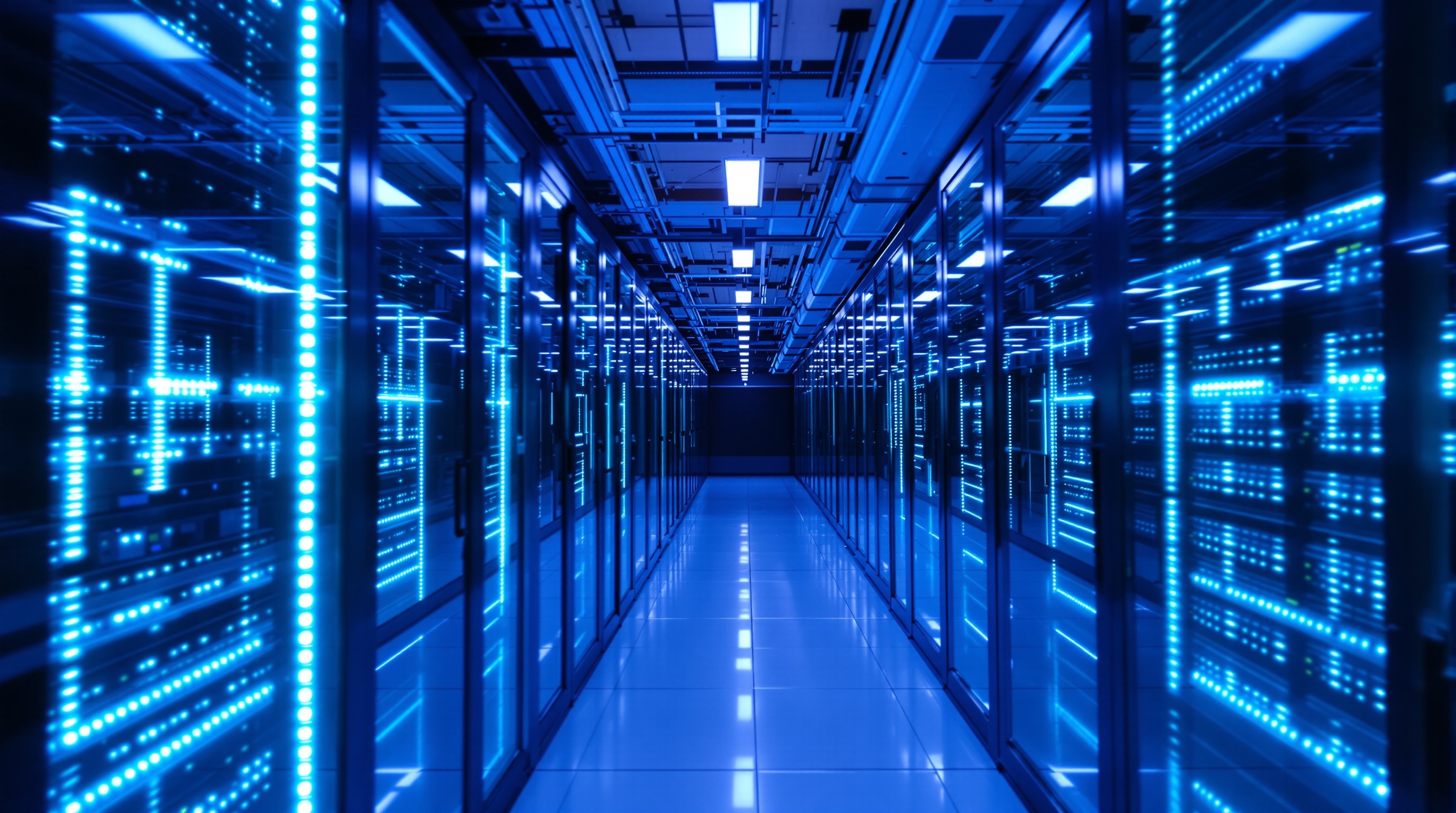 Modern server room corridor with blue LED lighting reflecting off glass panels and cable infrastructure