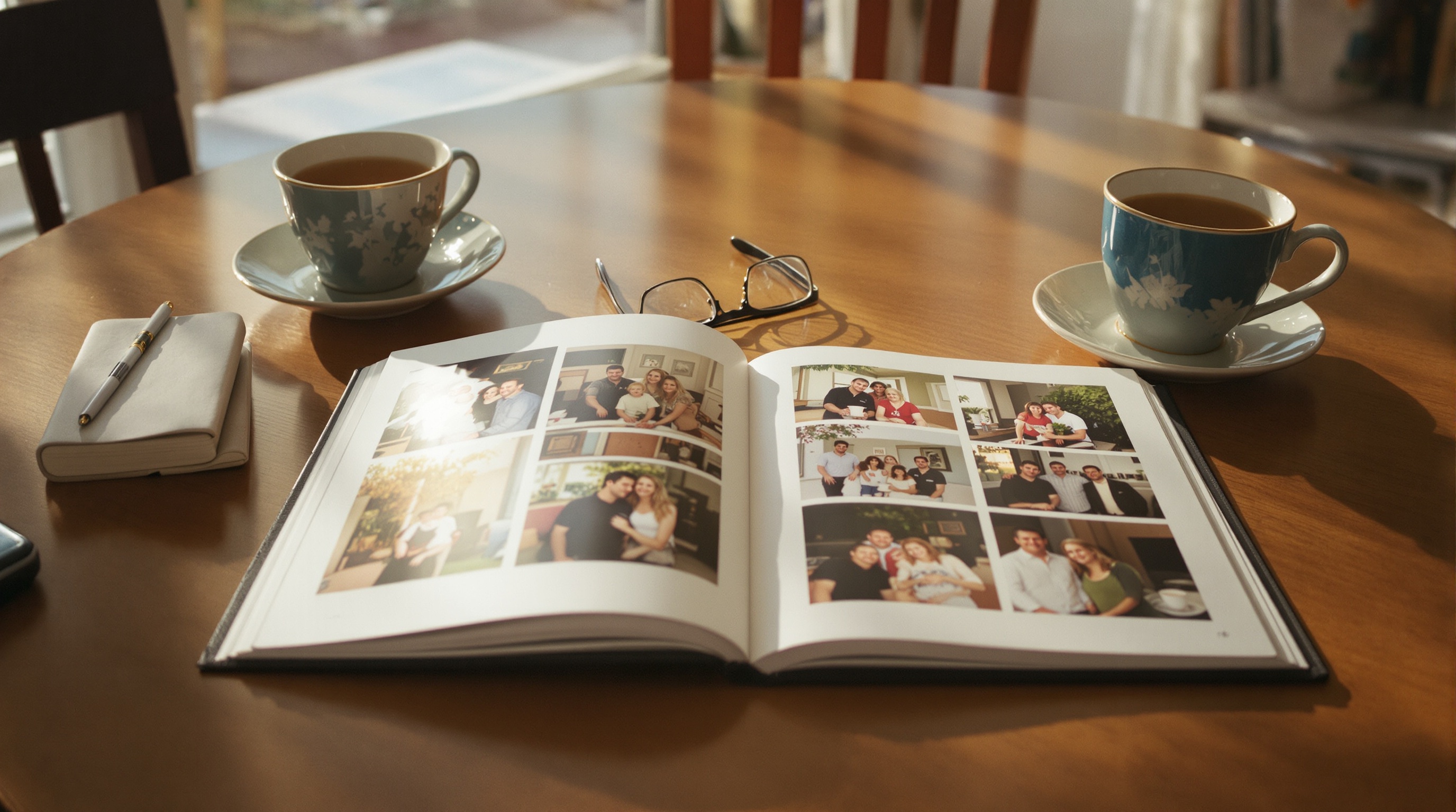 A family photo album spread open on a wooden table next to a cup of tea and reading glasses in golden afternoon light