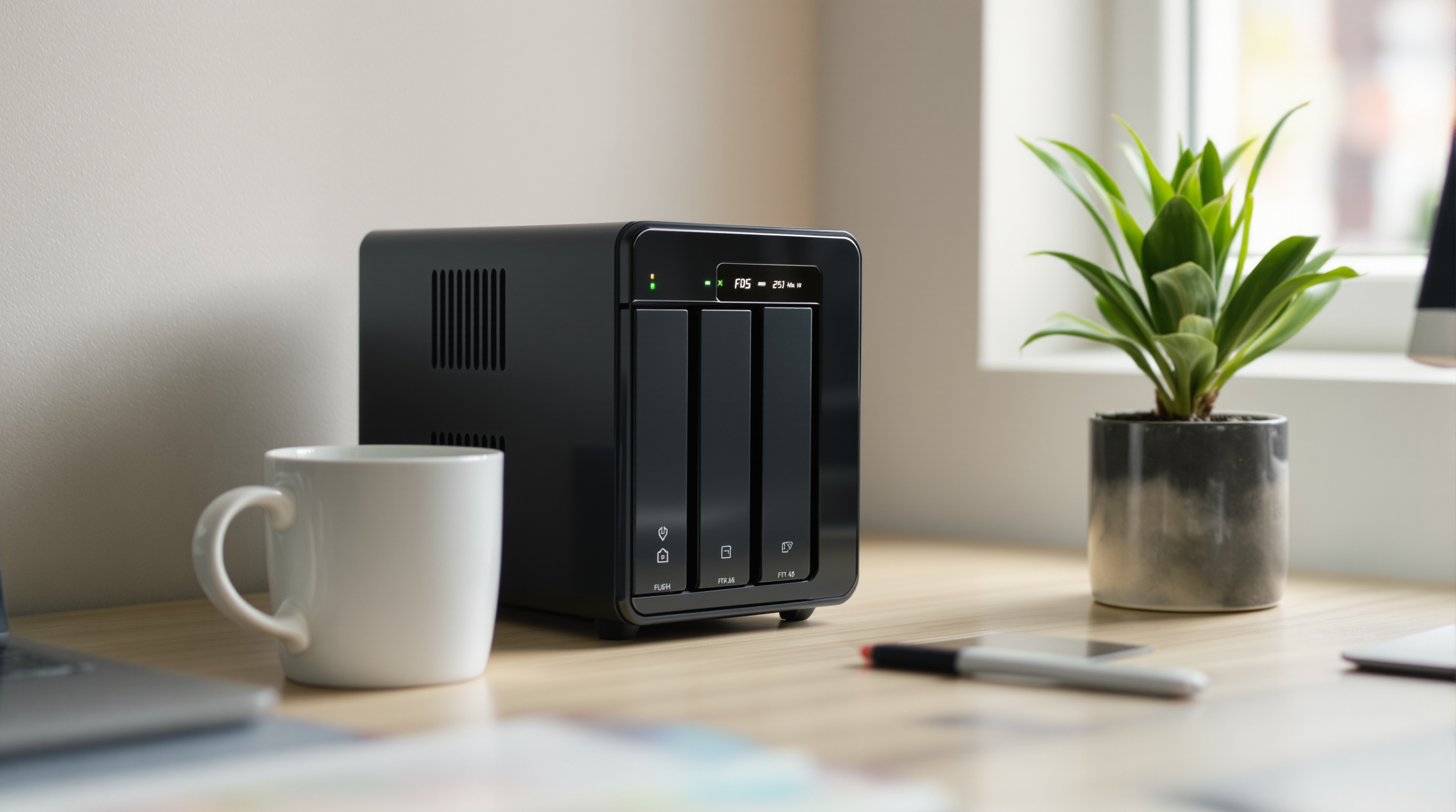 A compact black NAS device with green LED indicators sitting on a home office desk next to a white coffee mug and potted succulent in morning light