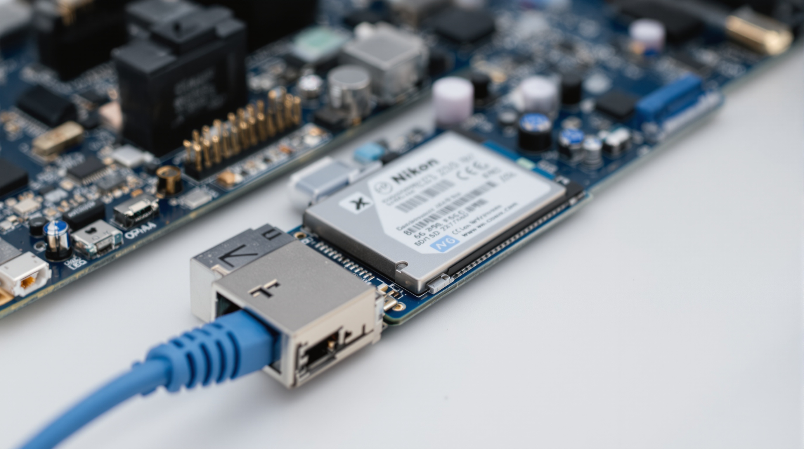 Close-up of a Raspberry Pi 5 connected to an external SSD drive, sitting on a clean white desk with soft natural light