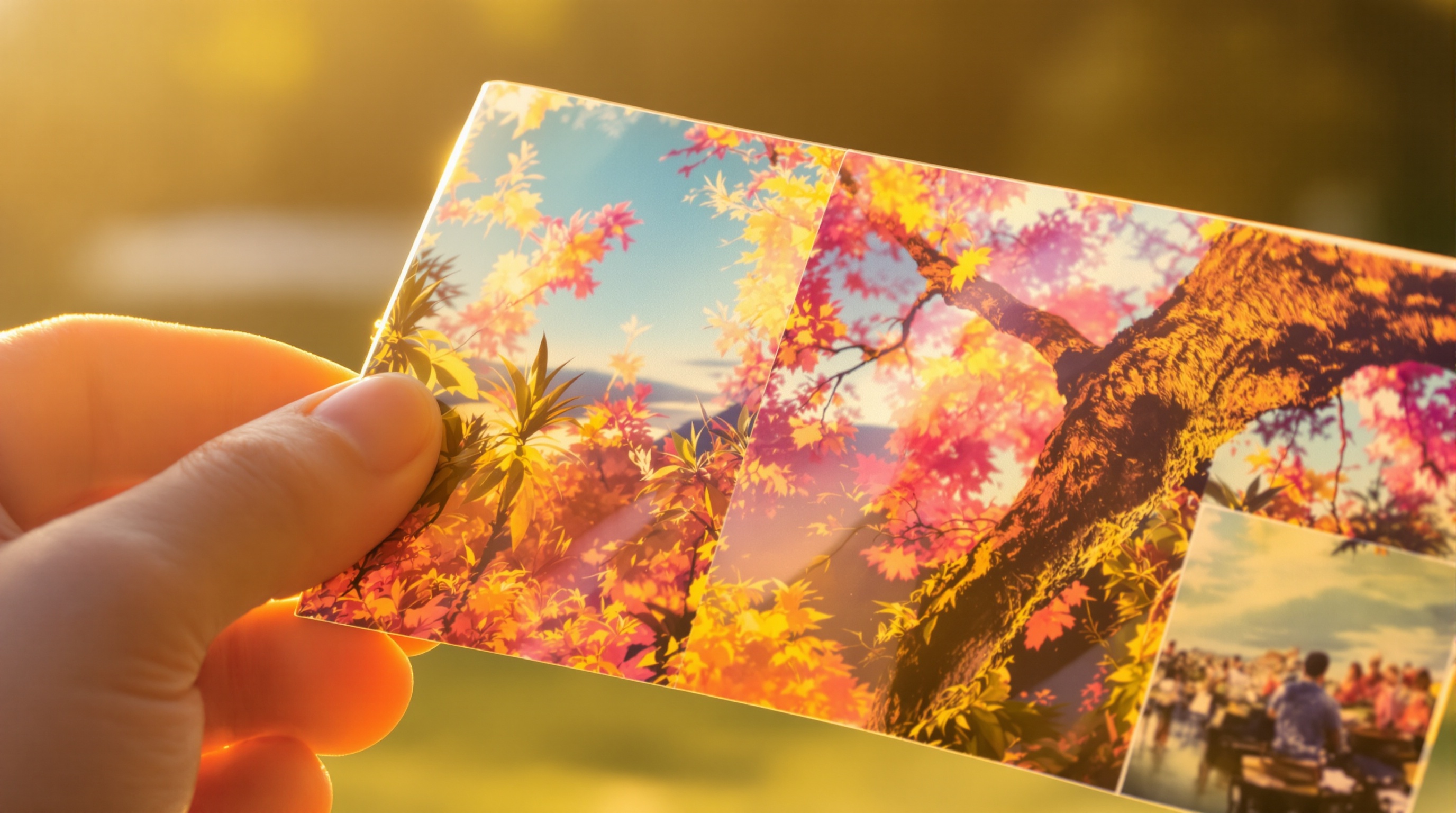Close-up of a printed photograph held up against golden hour backlight showing vivid colors