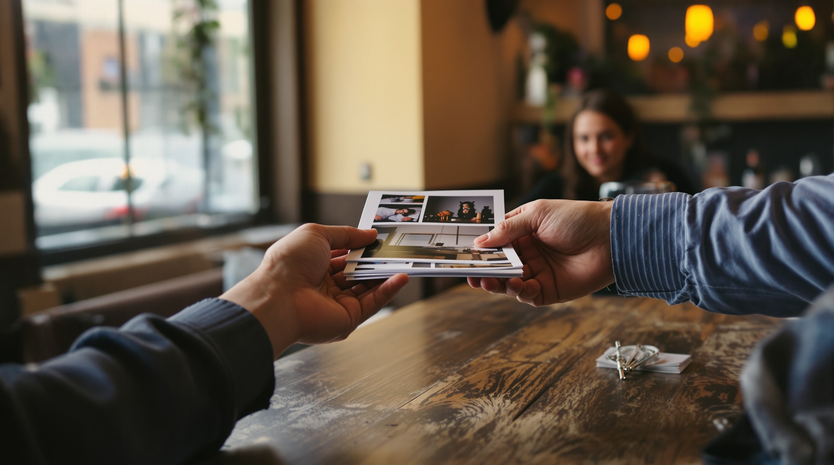 Two hands exchanging a stack of printed photographs across a rustic wooden cafe table in warm cafe lighting