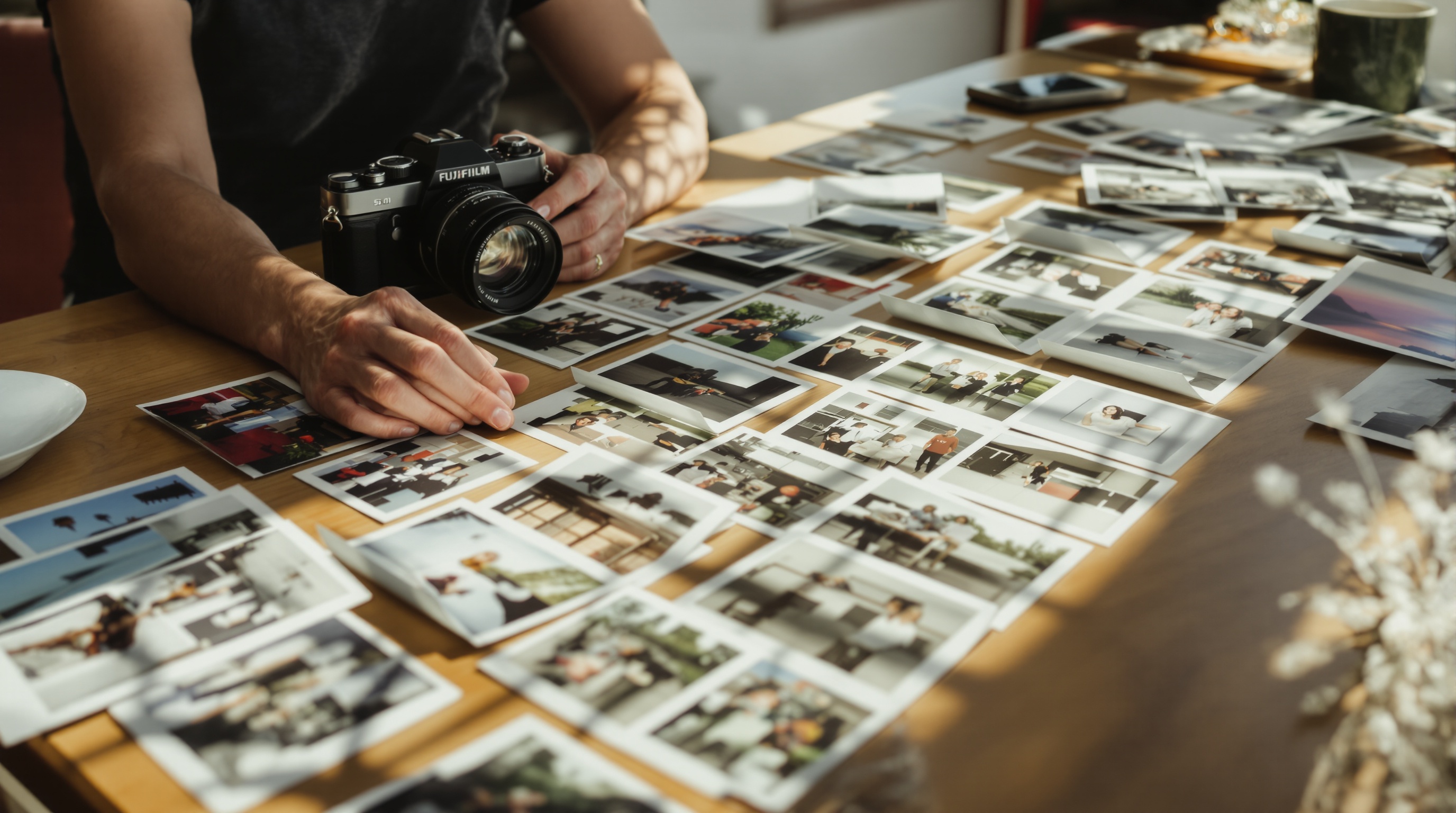 A person reviewing photographs spread across a table with a camera and lens beside them, shot with shallow depth of field
