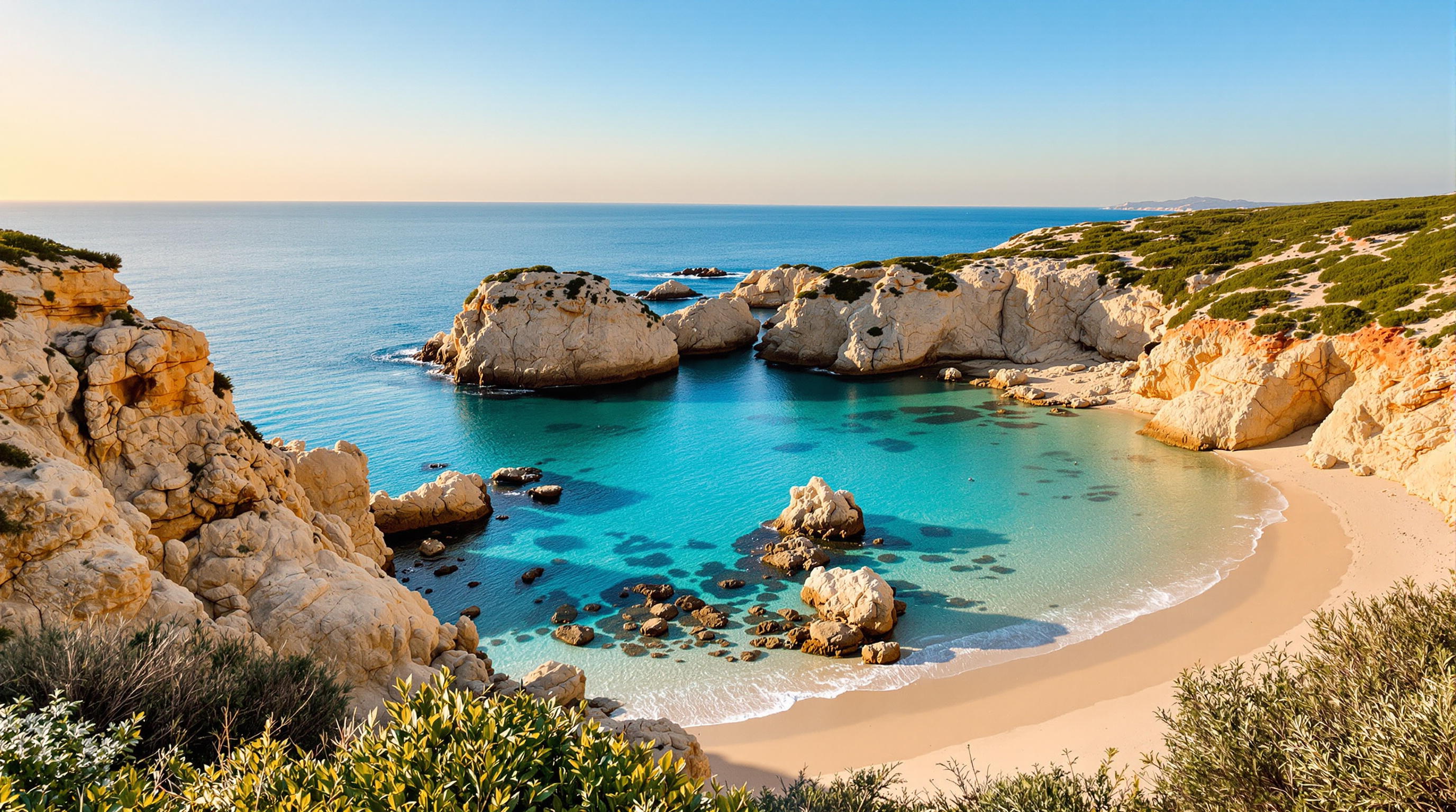 A turquoise sea cove with pale rocks and a sand beach at golden hour