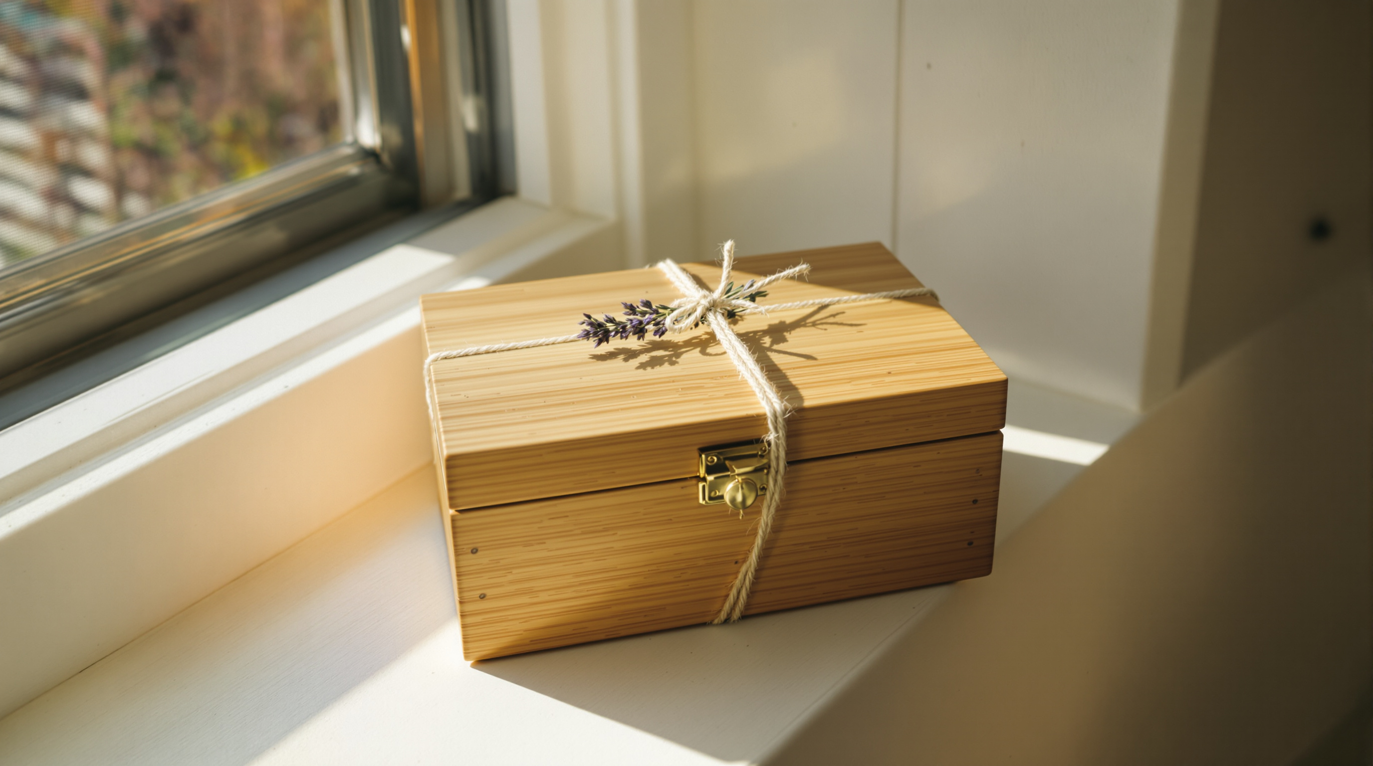 A small hinged wooden keepsake box closed on a painted windowsill, tied with cotton twine and a sprig of dried lavender, morning light across the lid