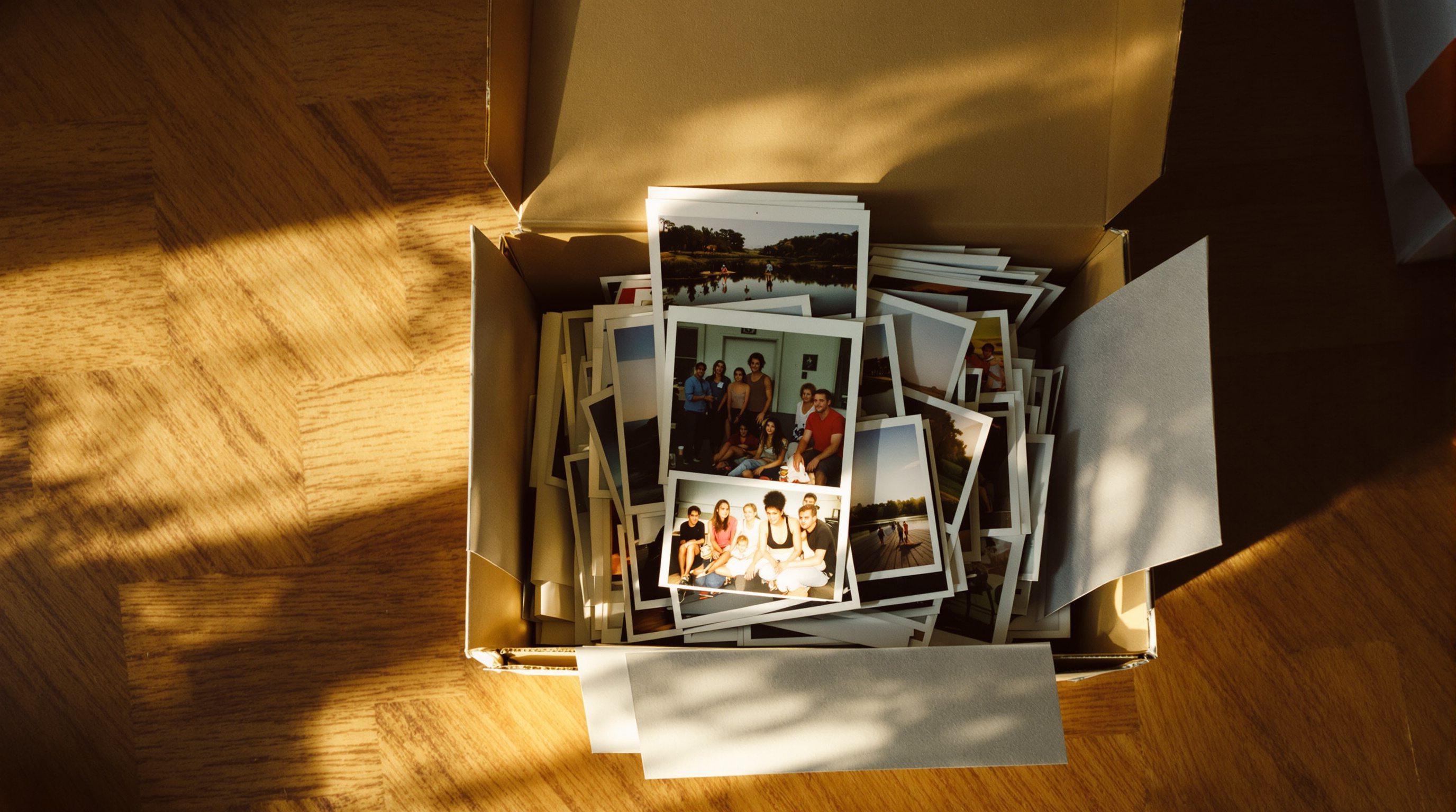 A shoebox of loose printed photographs open on a wooden floor, afternoon light across them, one photo lifted slightly out of the pile