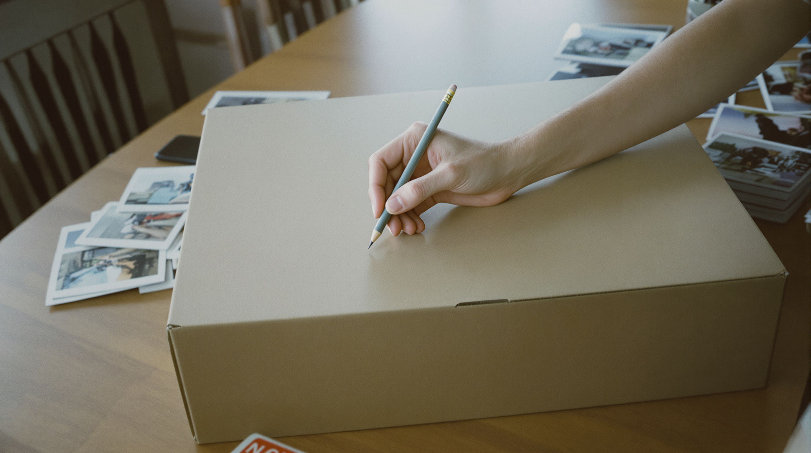 A hand writing a date on the lid of a plain cardboard box beside a small stack of photographs on a kitchen table