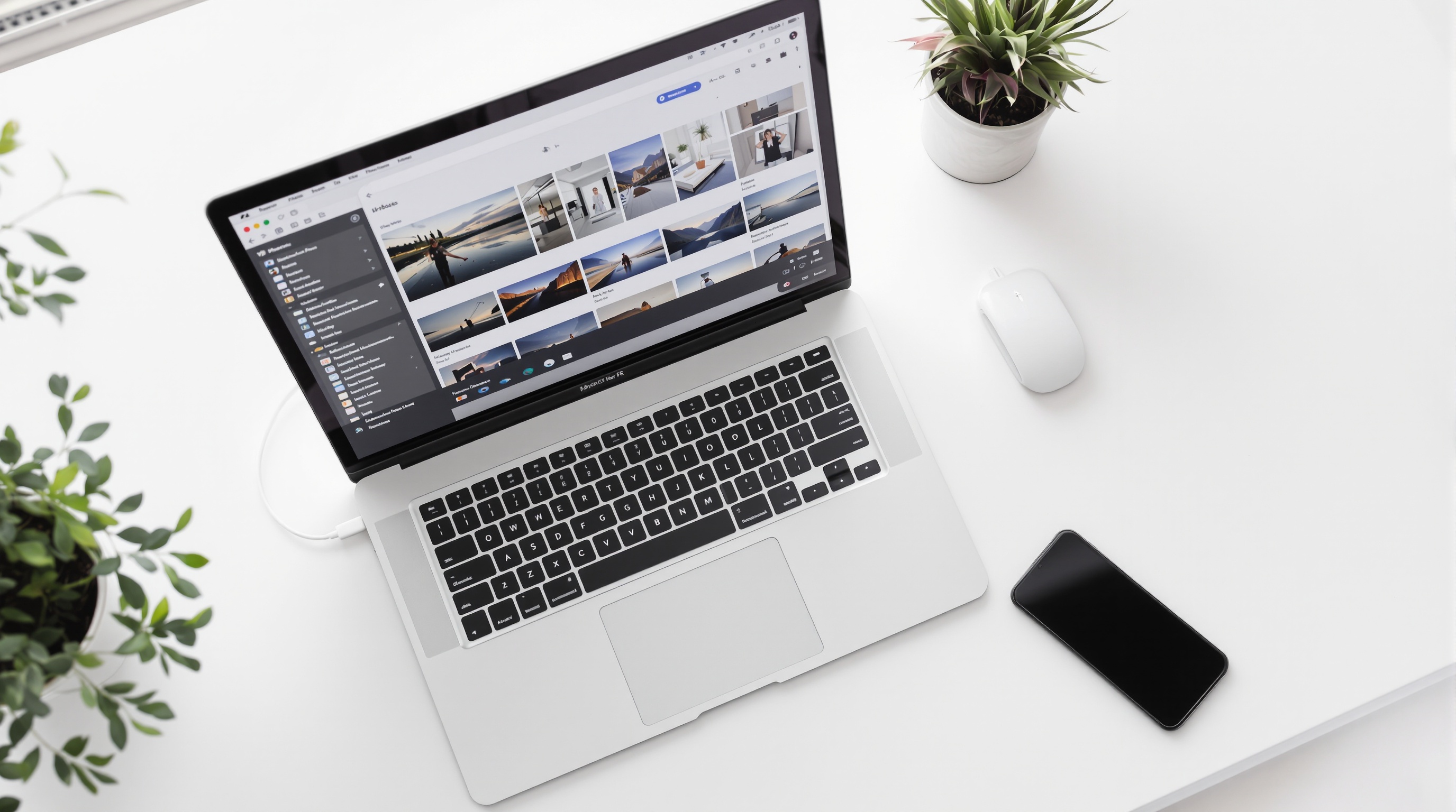 Laptop on a desk displaying a photo gallery interface with an iPhone connected via cable beside it