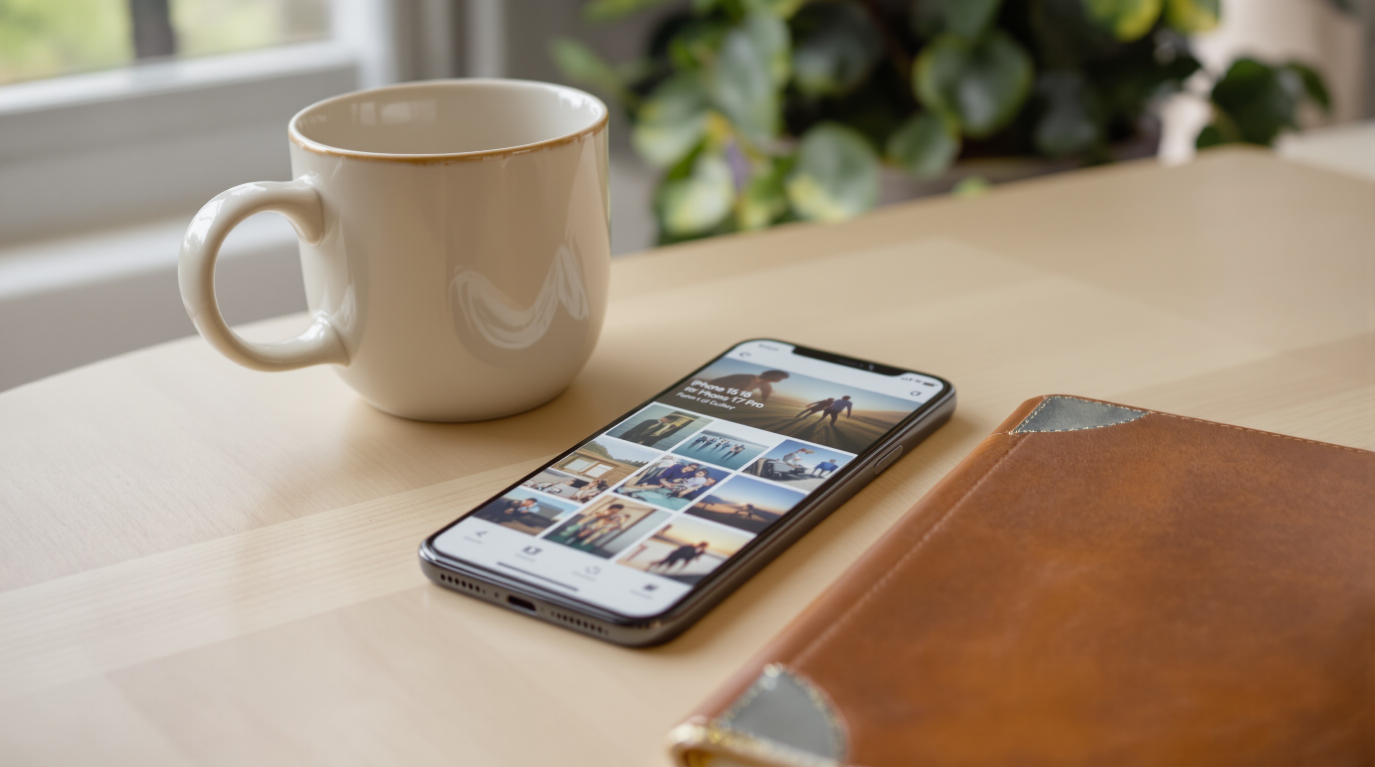 iPhone resting on a wooden table displaying the Photos app, with a cup of coffee and a notebook beside it