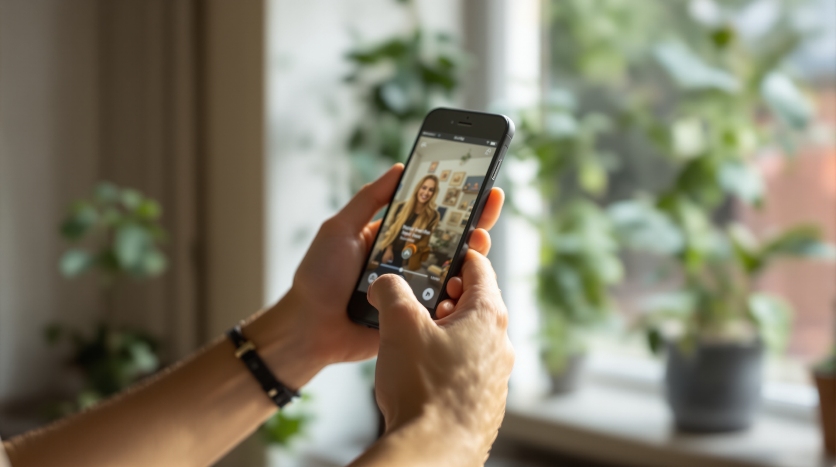 Two smartphones being held side by side showing photo galleries, with warm natural light from a nearby window