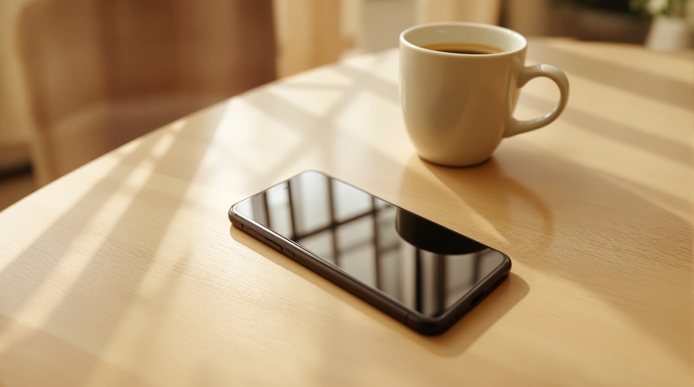 A phone sitting on a wooden table showing a photo gallery, soft natural light from a nearby window