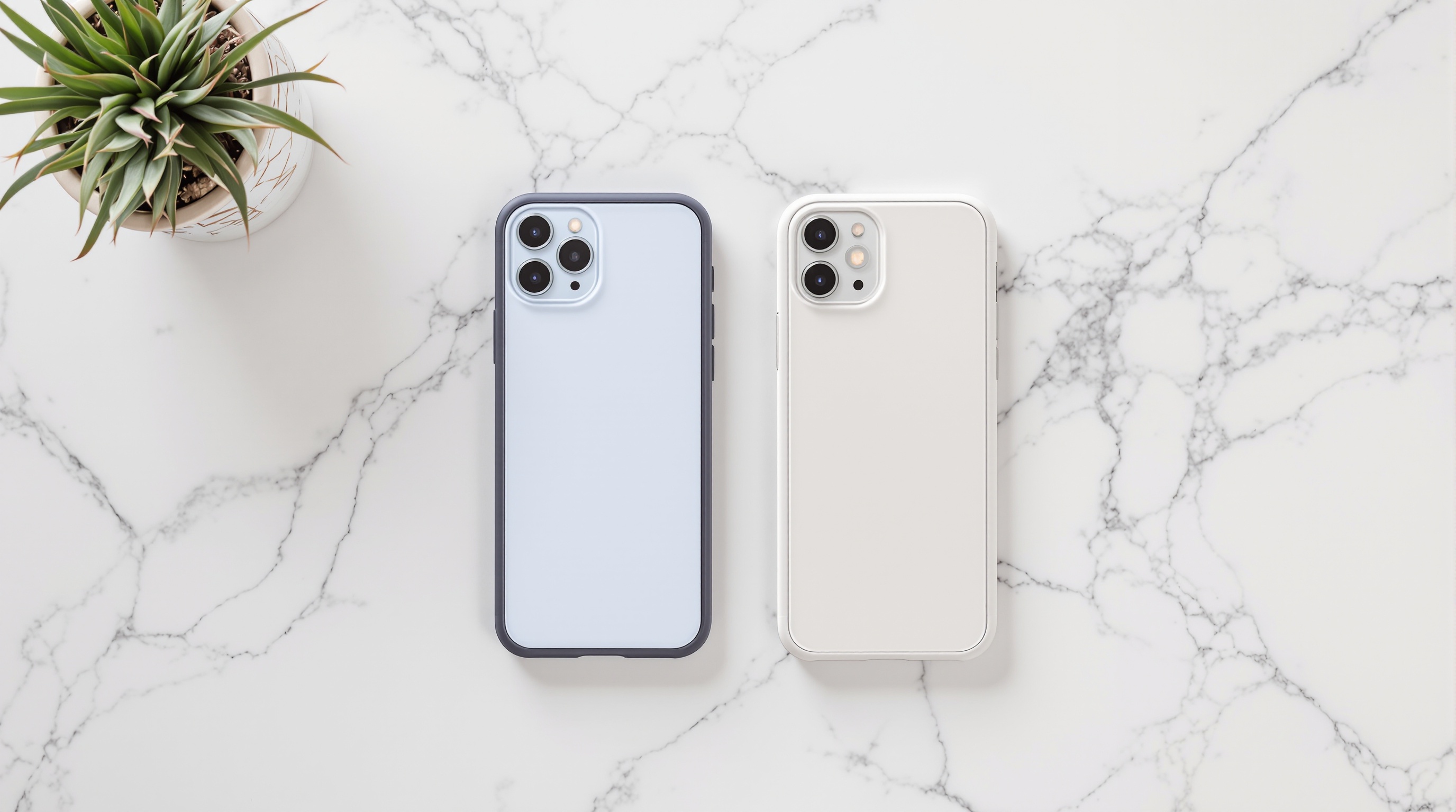 Two phones side by side on a marble countertop, one showing a photo album, shot from overhead