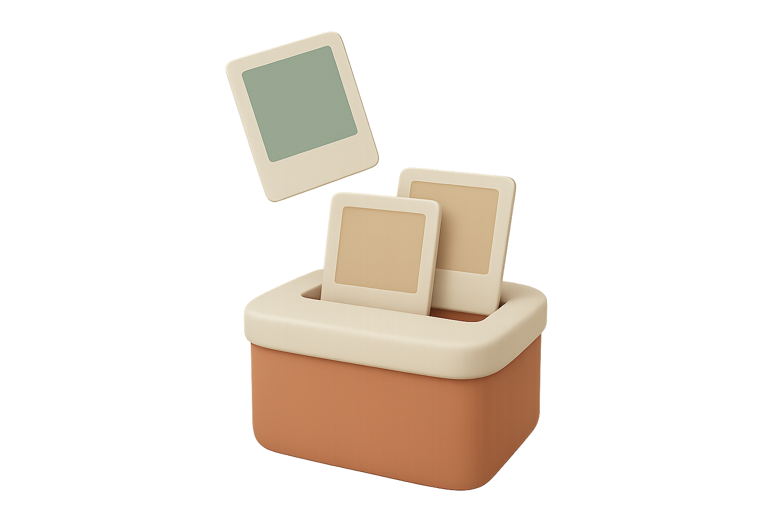 Illustration of a rounded terracotta album box with photo prints standing in its open slot and one more print dropping in