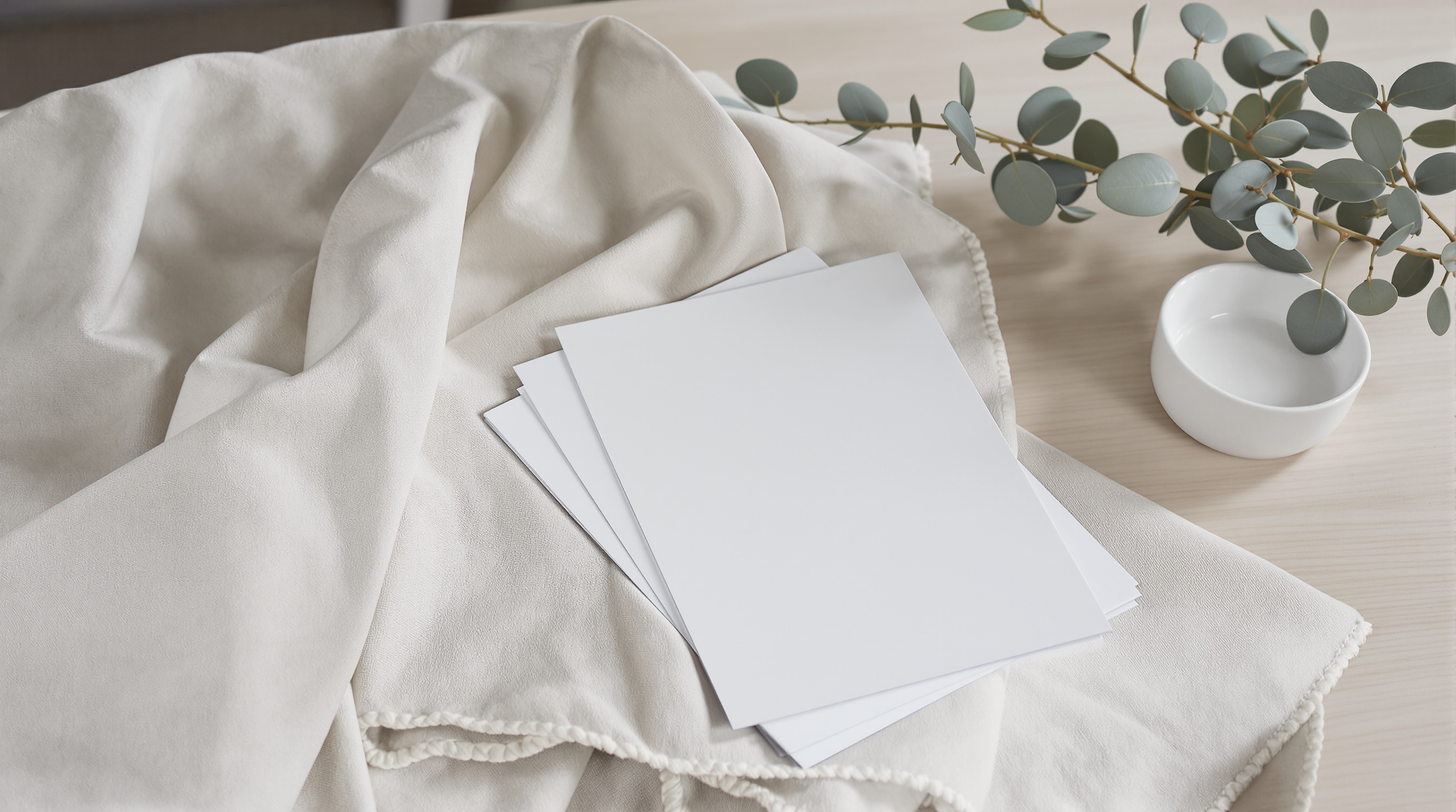 A folded linen cloth on a pale oak table with a small stack of blank white photo prints, a sprig of dried eucalyptus and a white ceramic dish