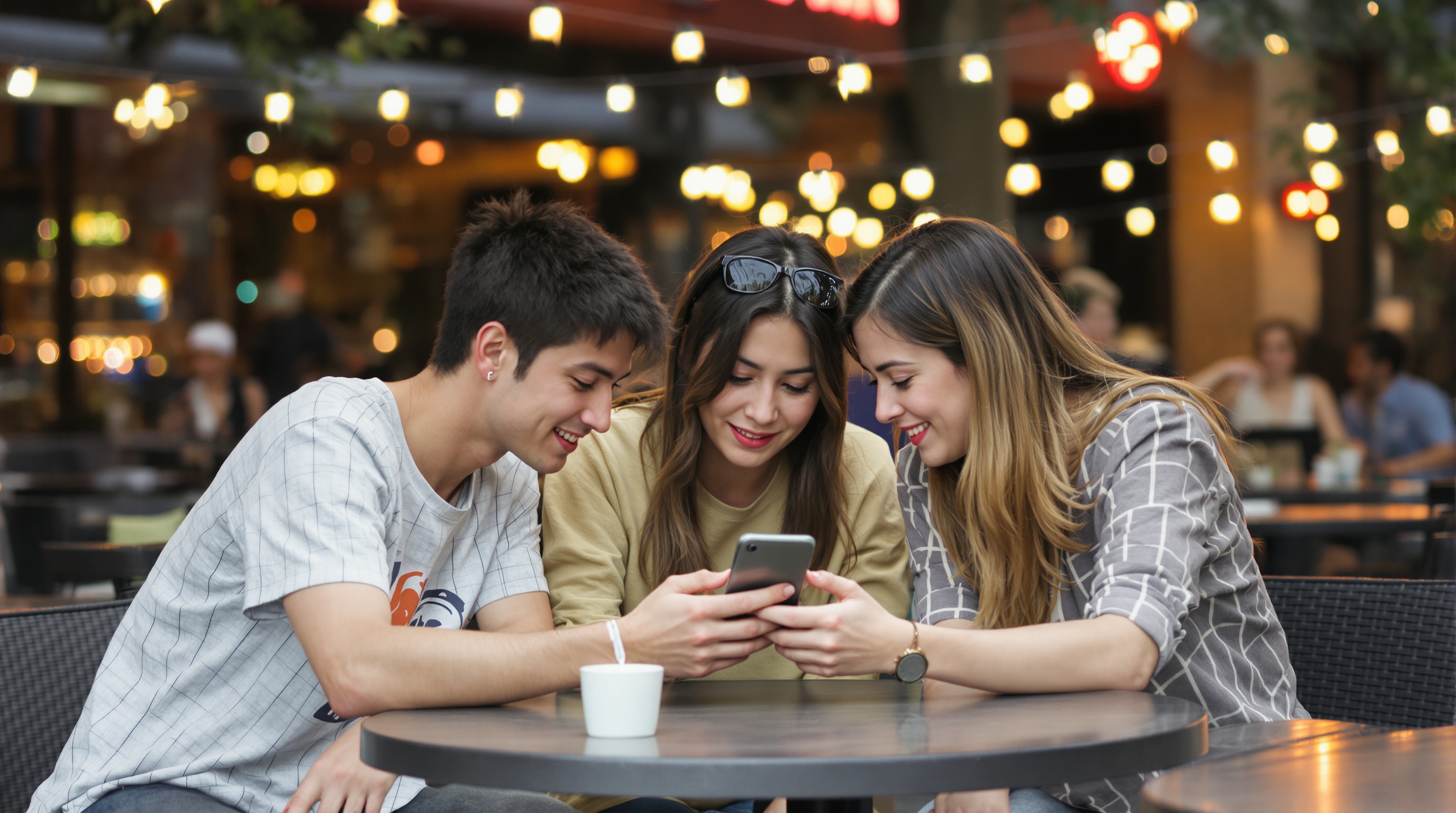 Group of friends huddled around a phone looking at photos together at an outdoor cafe, candid moment with blurred background