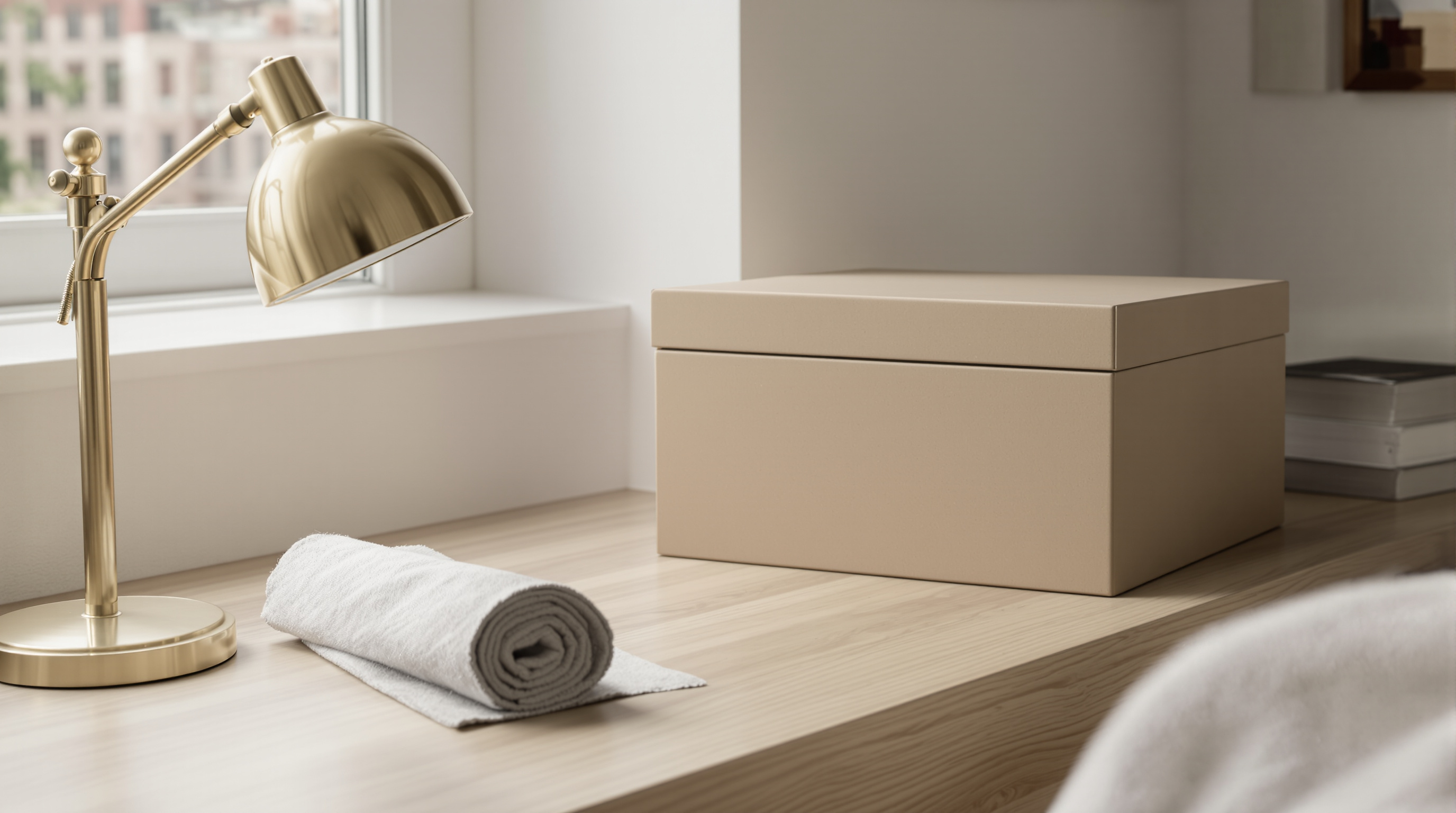 A pale oak desk with a closed kraft-paper storage box, a rolled linen cloth and a small brass desk lamp in soft window light
