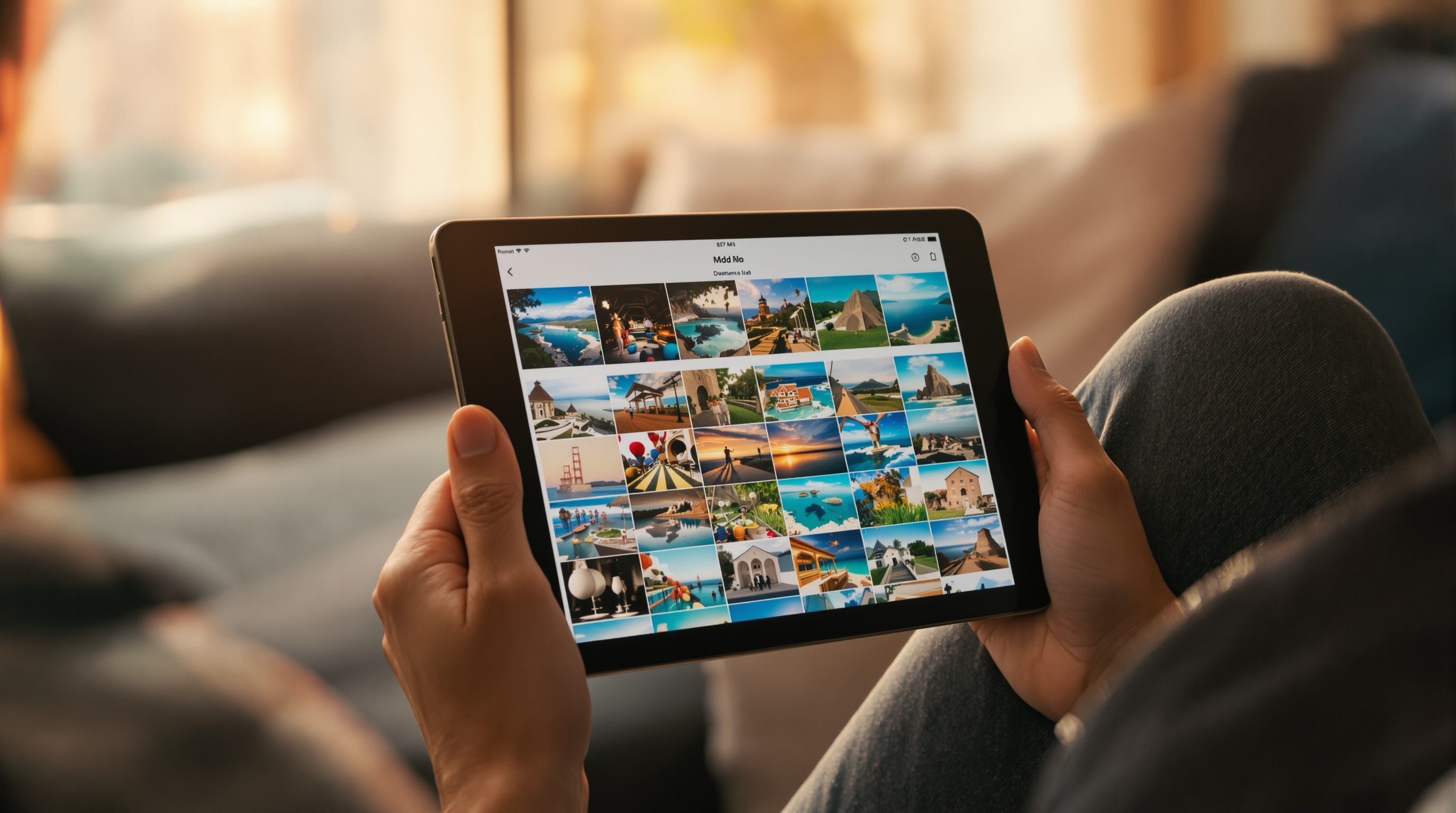 Person scrolling through a grid of travel photos on a tablet, couch setting with soft natural light