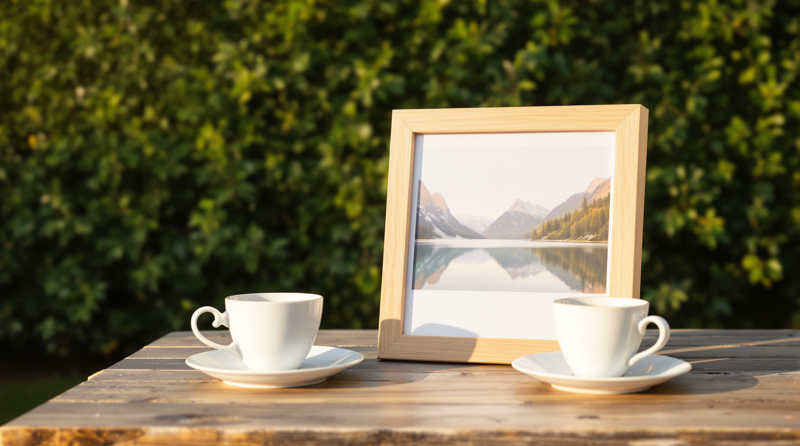 A framed print of a mountain lake on a garden table between two teacups at golden hour