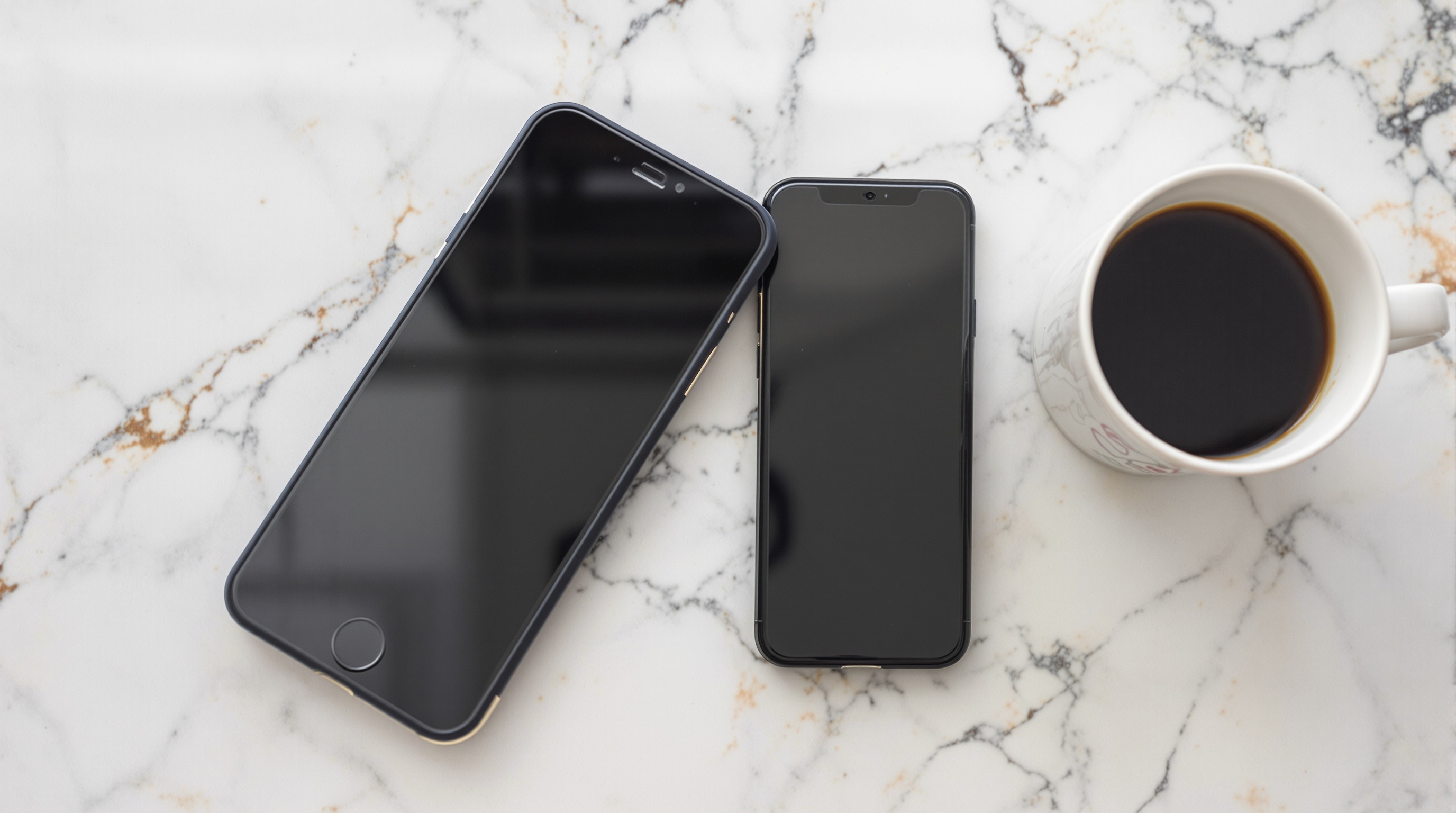 An iPhone and an Android phone lying side by side on a wooden desk, soft morning light from a window