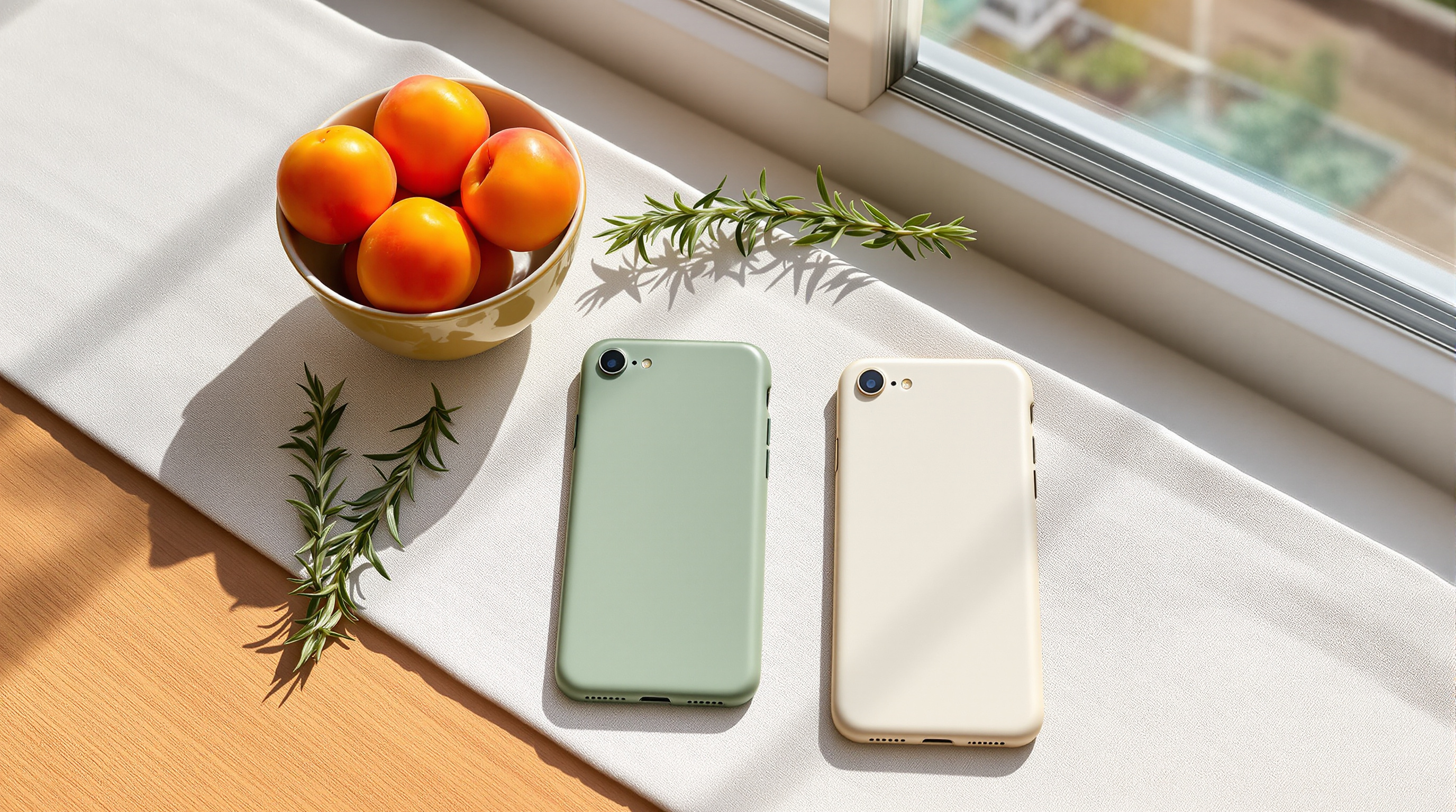 Two phones lying face-down side by side on a linen runner, one in a sage green case and one in cream, beside a bowl of apricots in window light