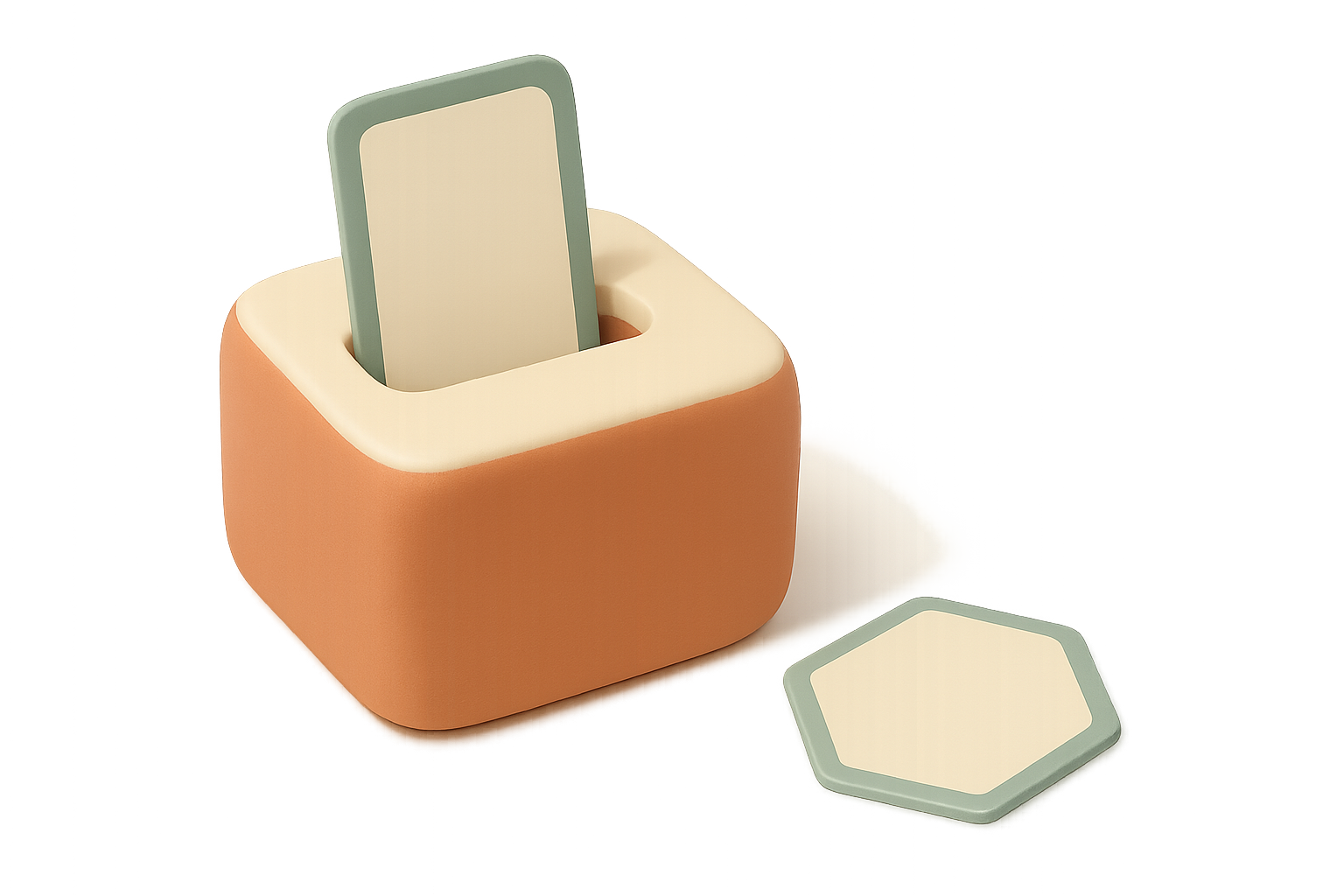 A rectangular photo card dropping neatly into a matching slot in a rounded block, while a six-sided photo card rests outside it, unable to fit