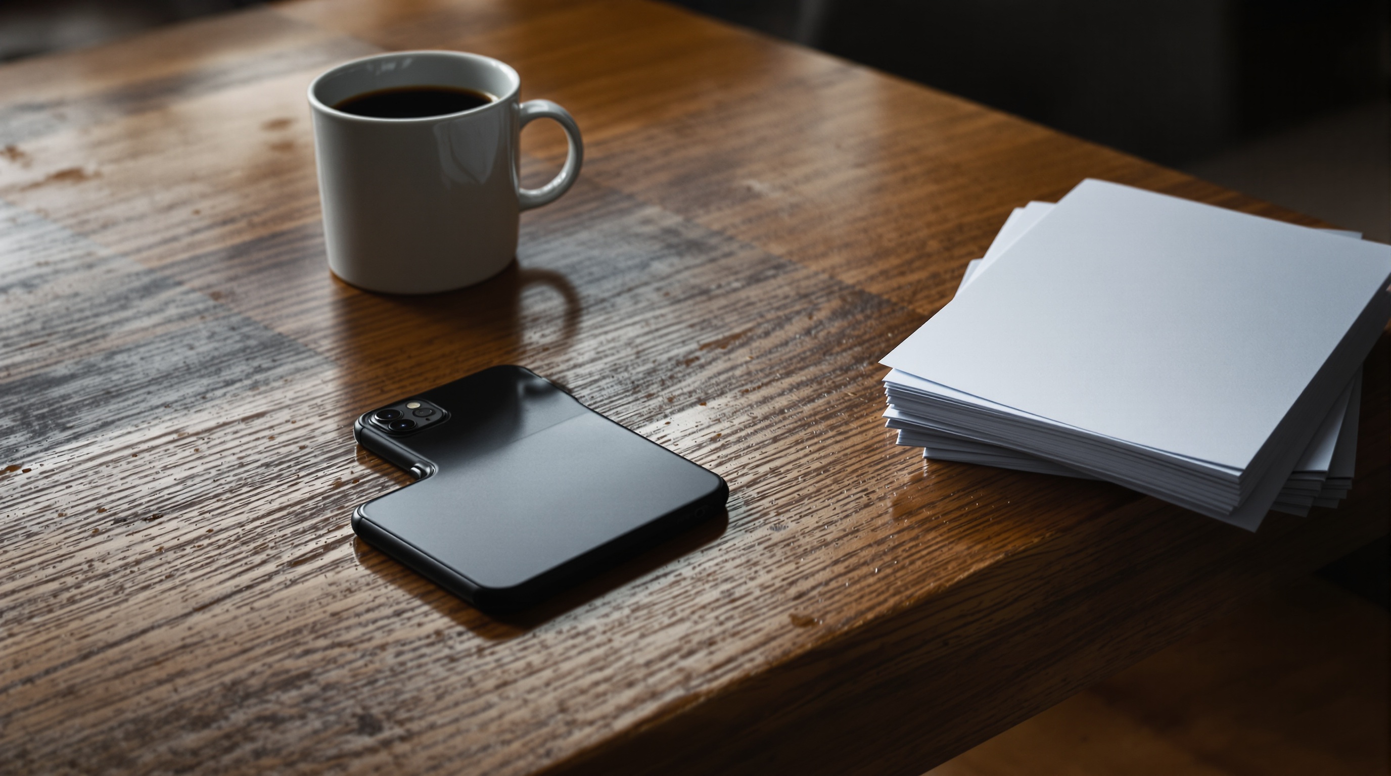 A phone lying face down on a wooden table beside a half-finished cup of coffee and a small stack of photo prints in warm evening light