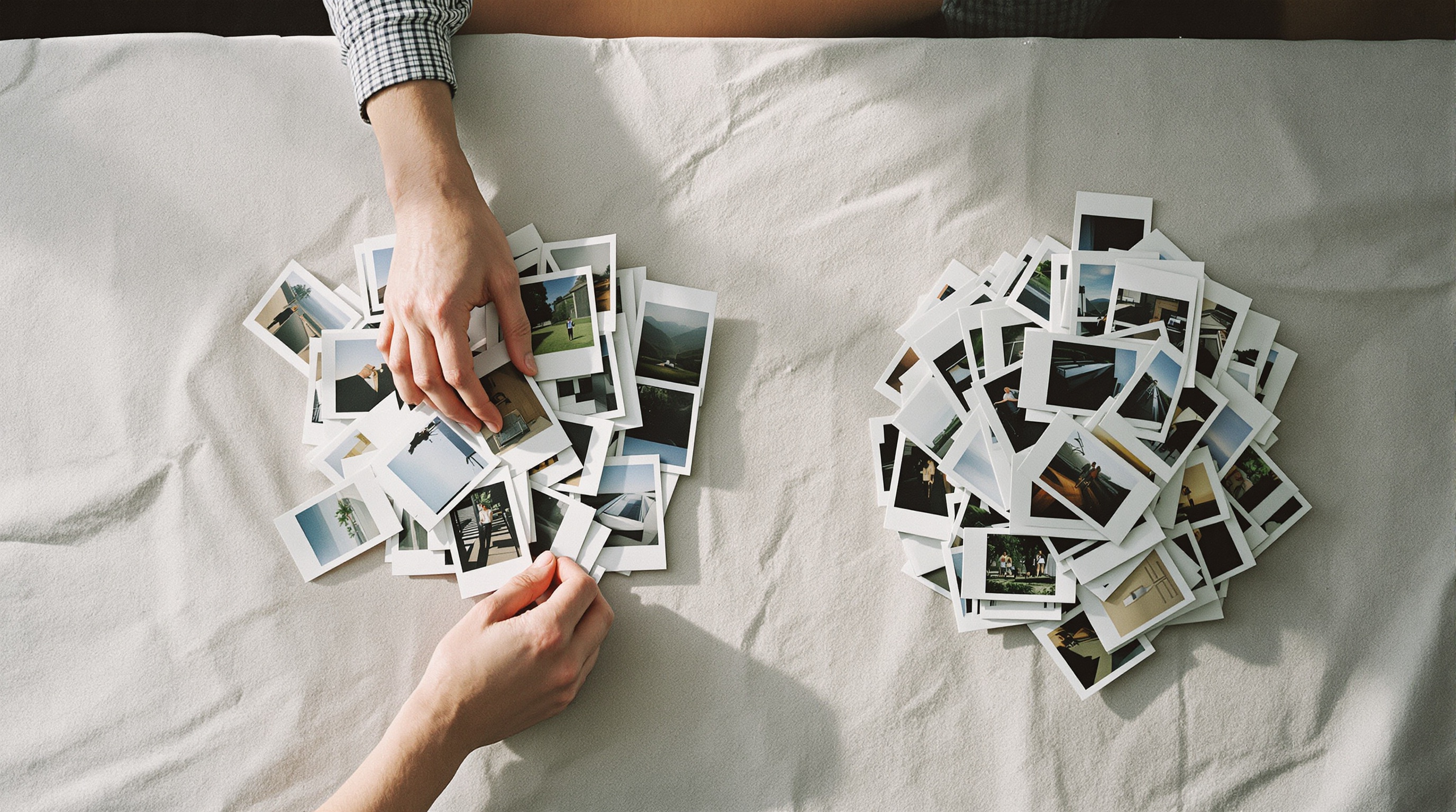 A pair of hands sorting loose photo prints into two separate piles on a linen tablecloth, one pile pushed further away