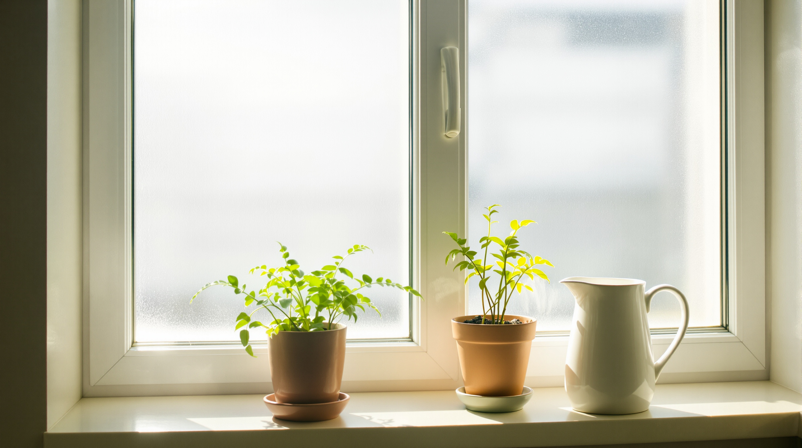 Small potted plants and a white ceramic jug on a sunlit windowsill