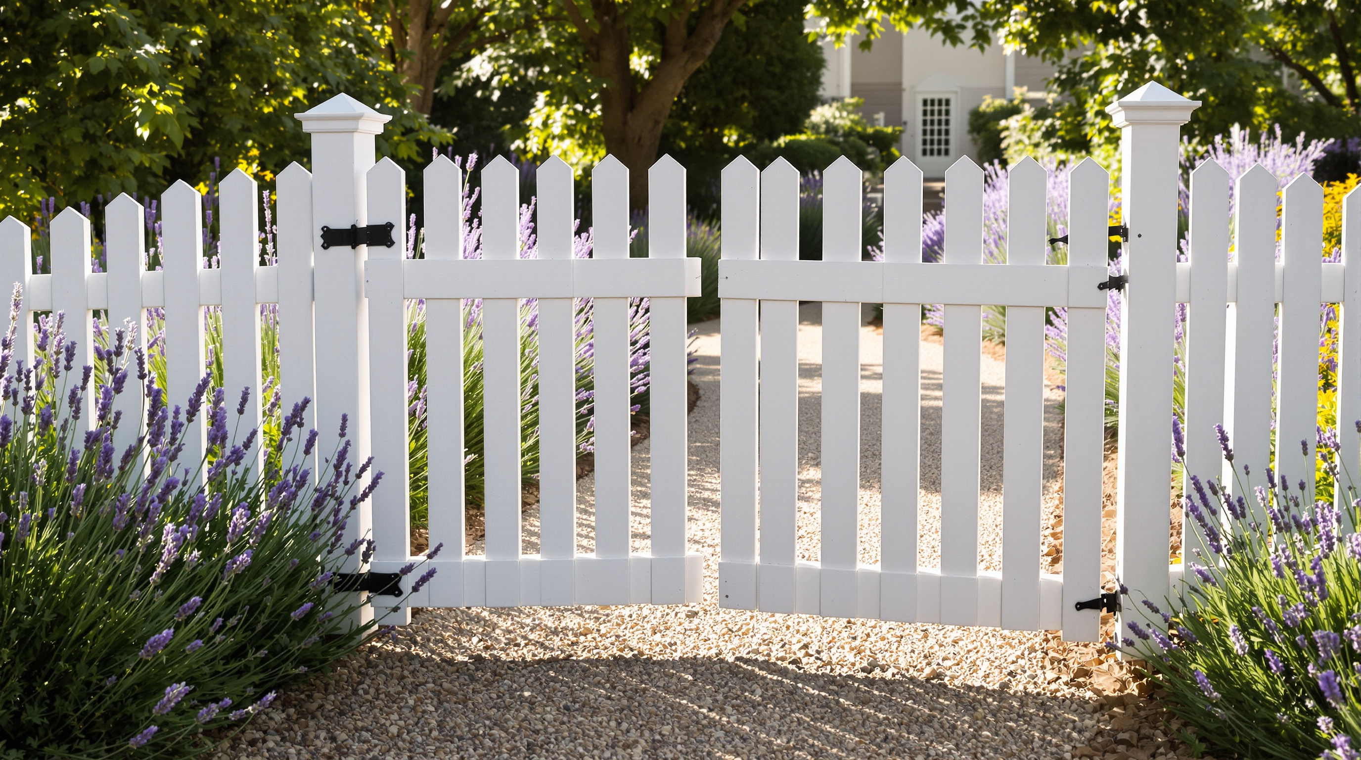 A white picket garden gate between lavender beds on a sunny gravel path