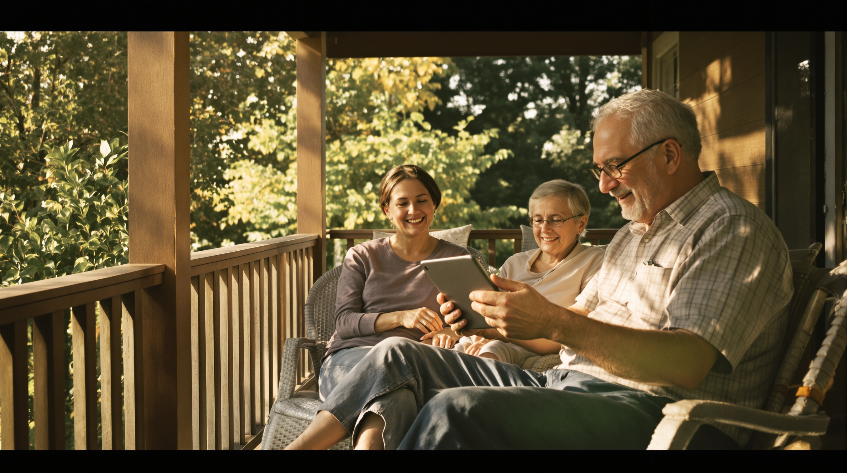 A grandmother and grandchild looking at photos together on a tablet browser, sitting on a couch in warm living room light