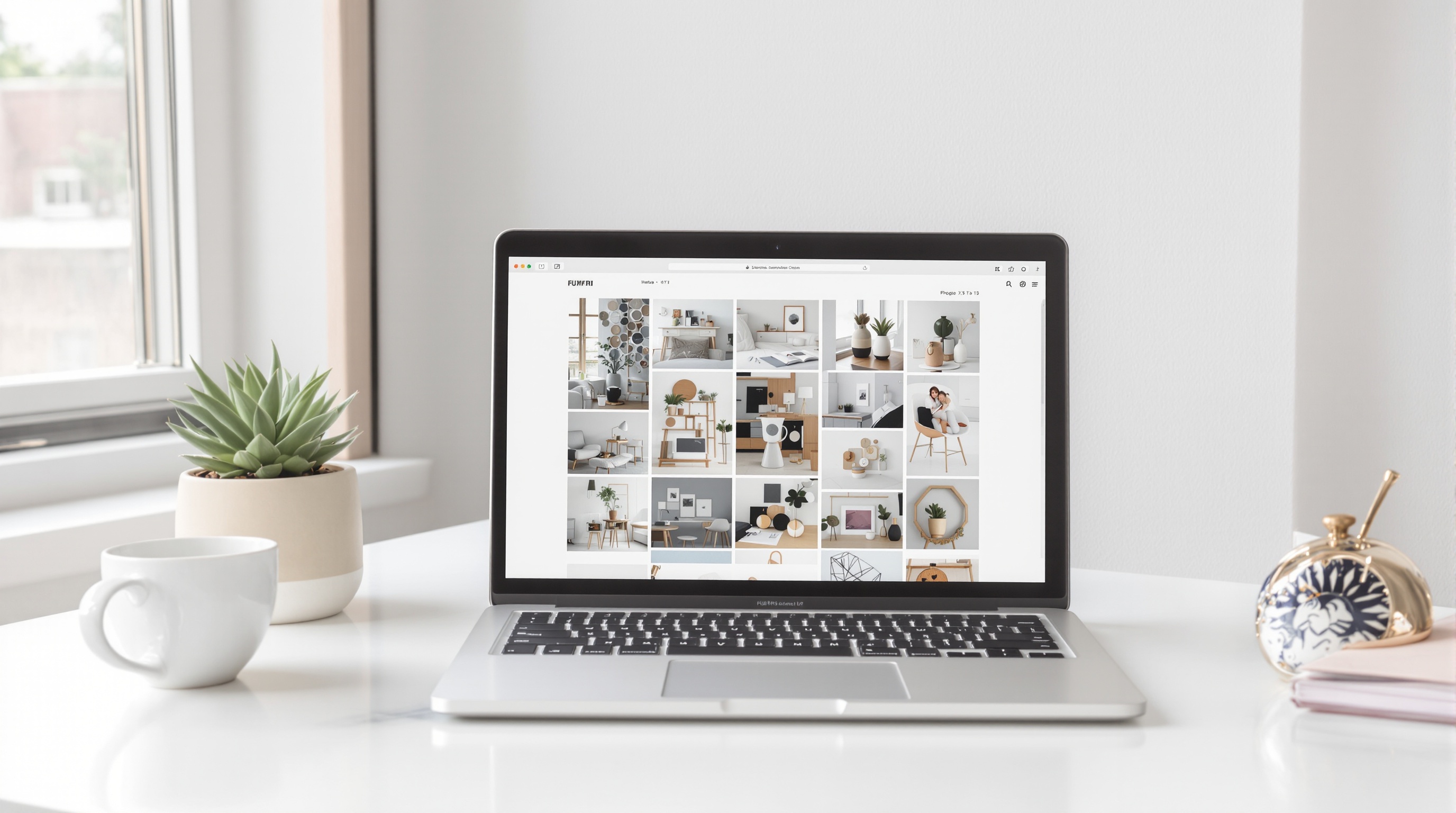 An open laptop on a minimalist desk showing a photo gallery interface, with a potted plant and a cup of tea nearby, shot from a slight angle with natural window light