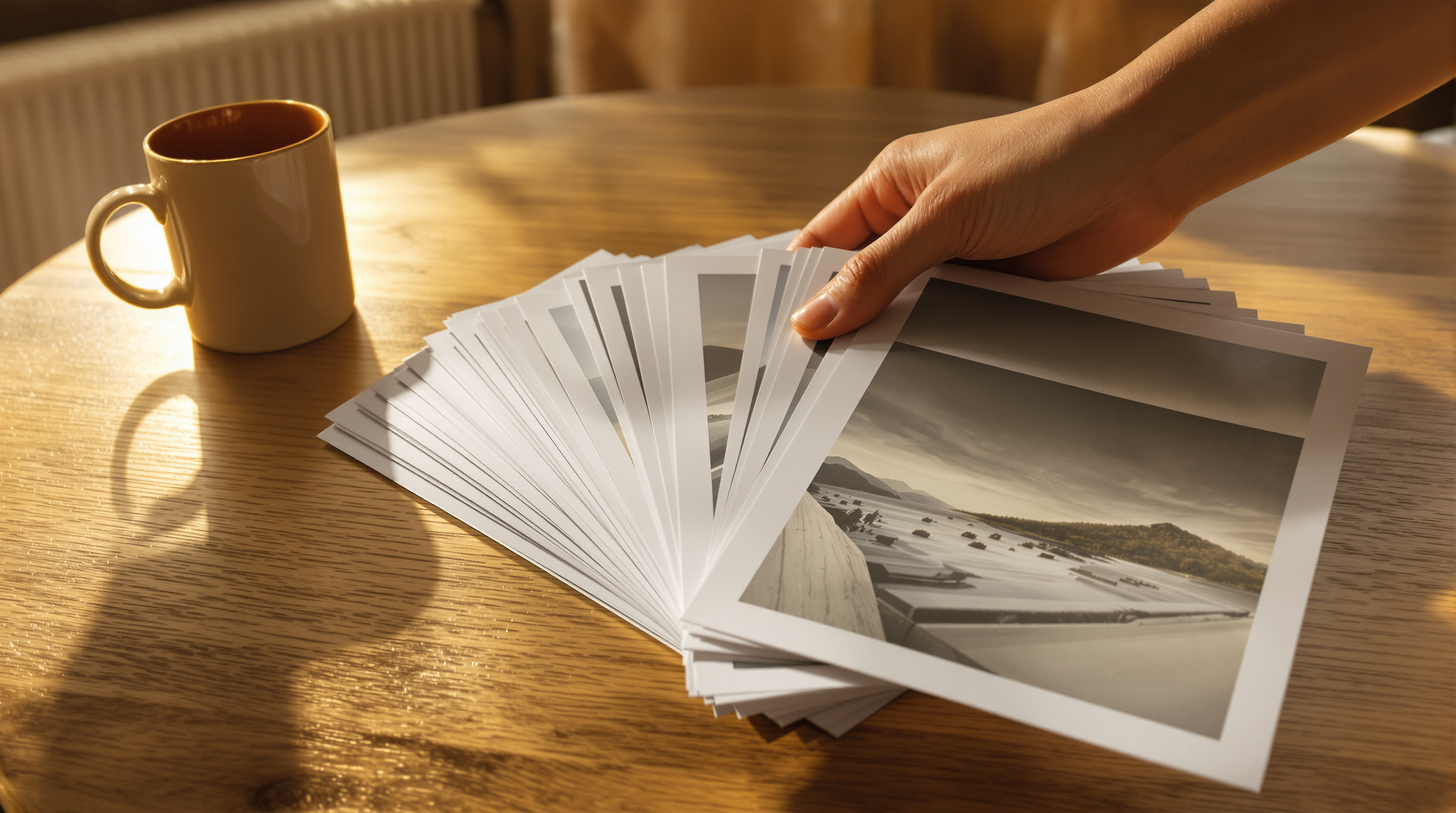 A hand spreading a fan of matte photographic prints across a sunlit oak table beside a ceramic mug