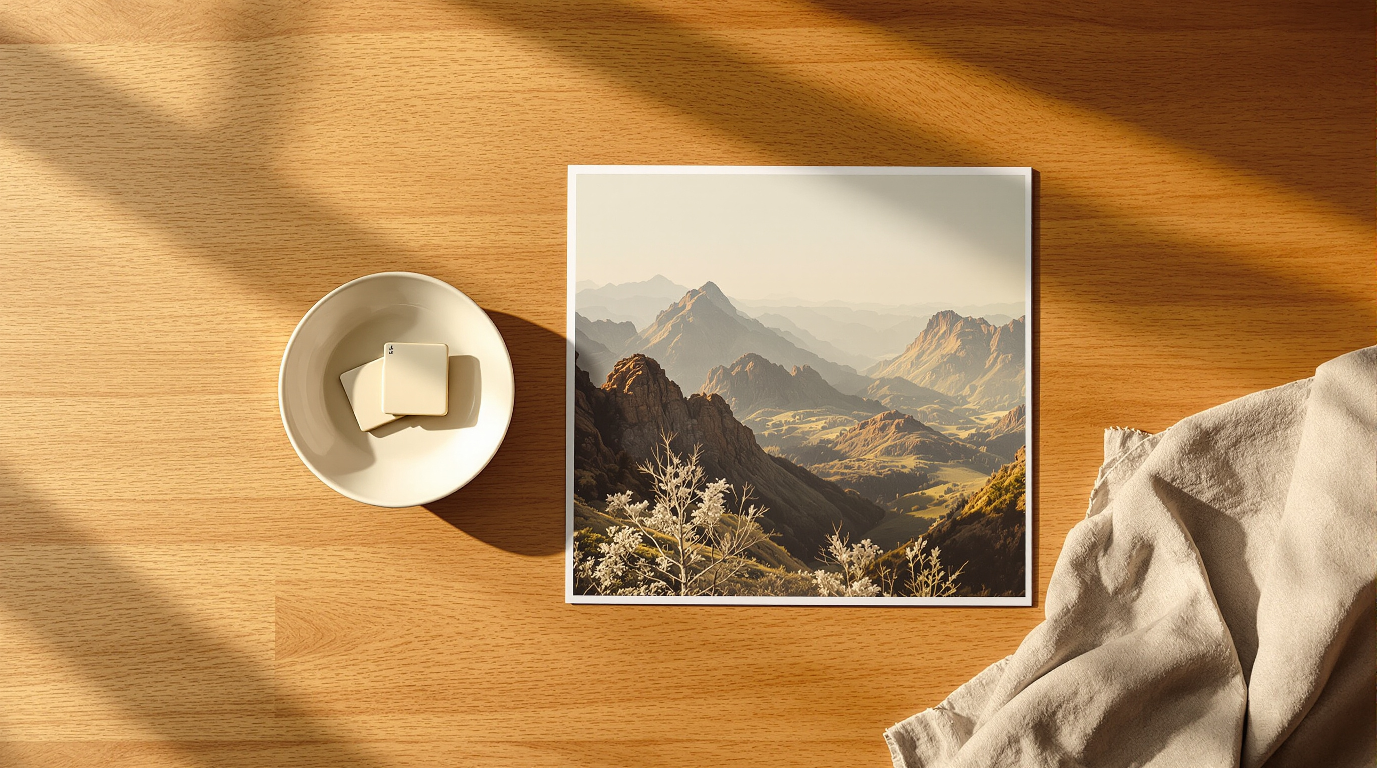Two memory cards in a shallow cream dish beside a large matte print of a mountain valley on a sunlit oak table
