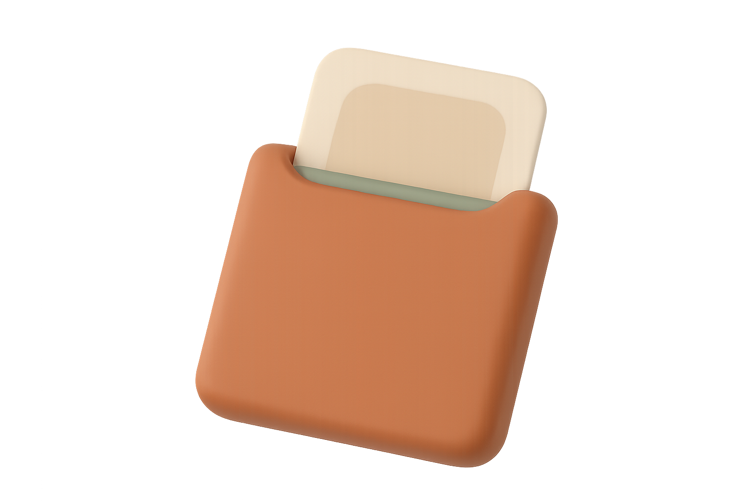 An illustration of a chunky terracotta card case with a smaller cream picture card sliding out of its open side