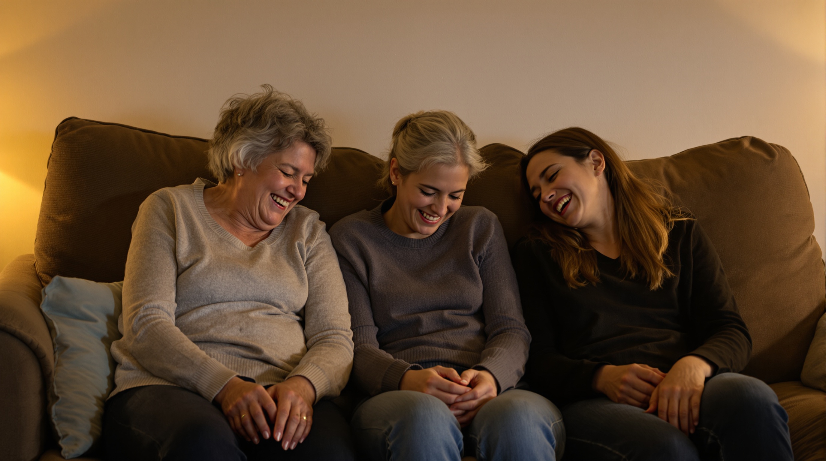 Three generations sitting close together on a sofa looking down at something held between them, lamp-lit living room in the evening
