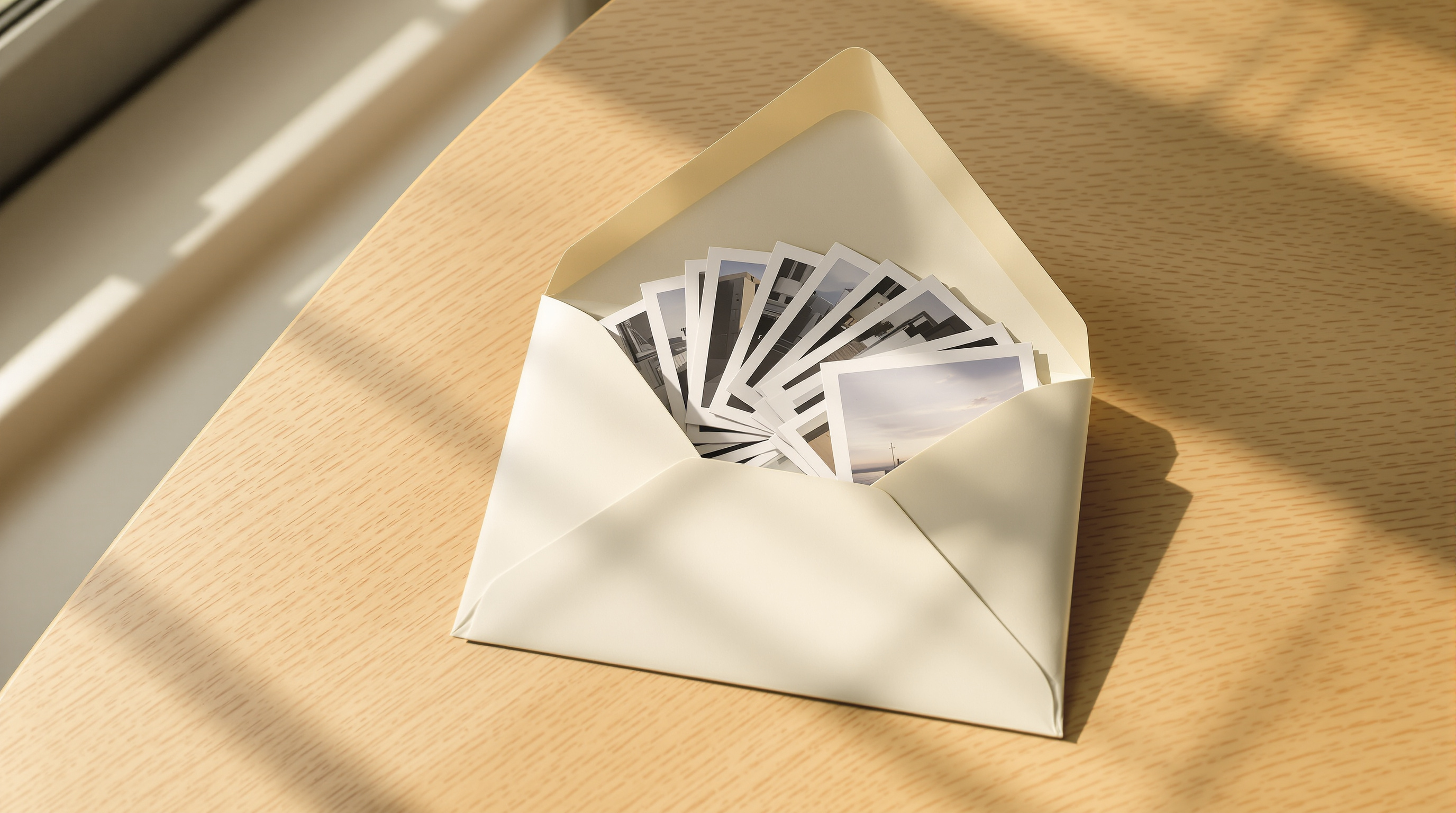 A cream envelope open on a pale oak table in warm window light, six small photographic prints fanned out of it with more still inside