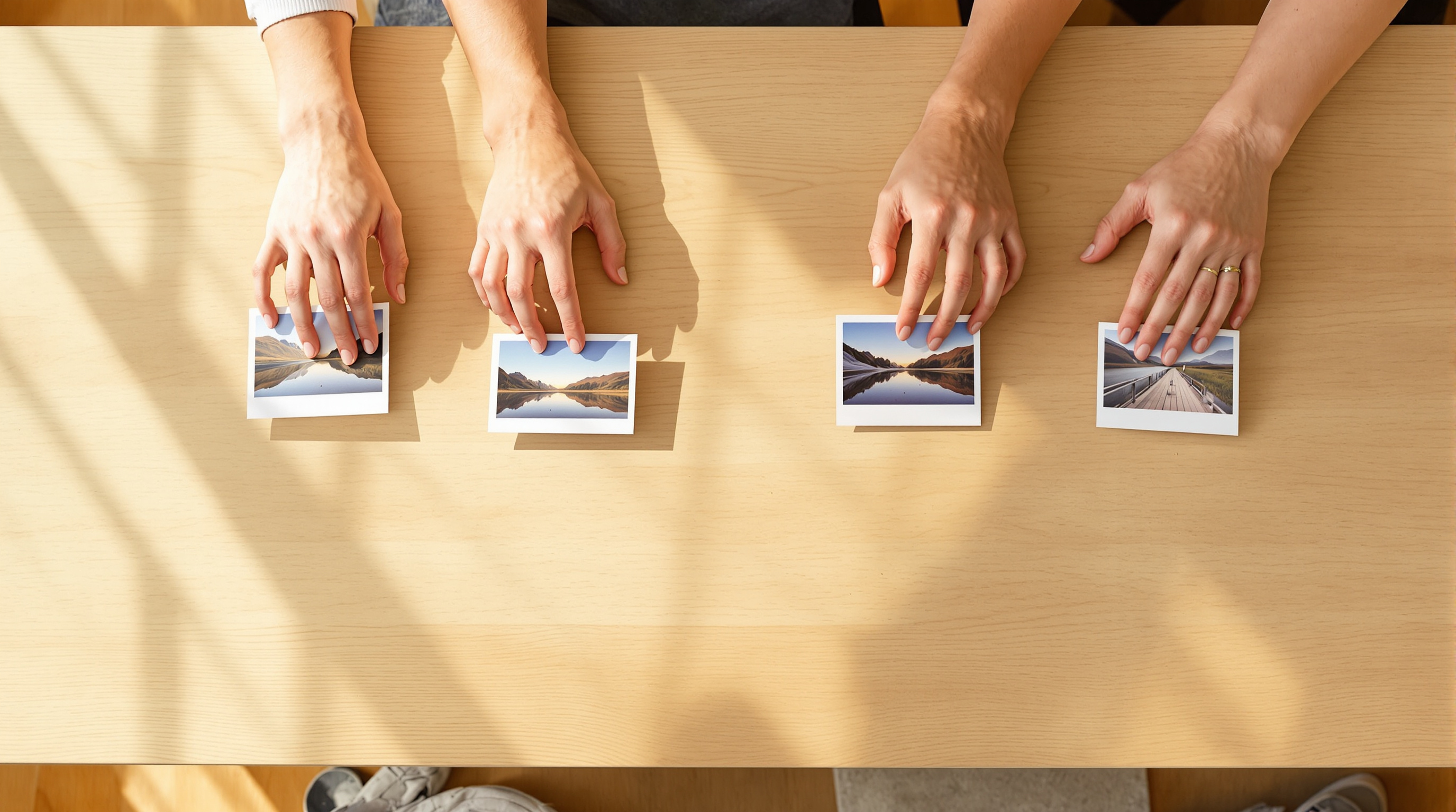 Four pairs of hands on a light wooden table seen from above, each holding an identical small print of the same lake