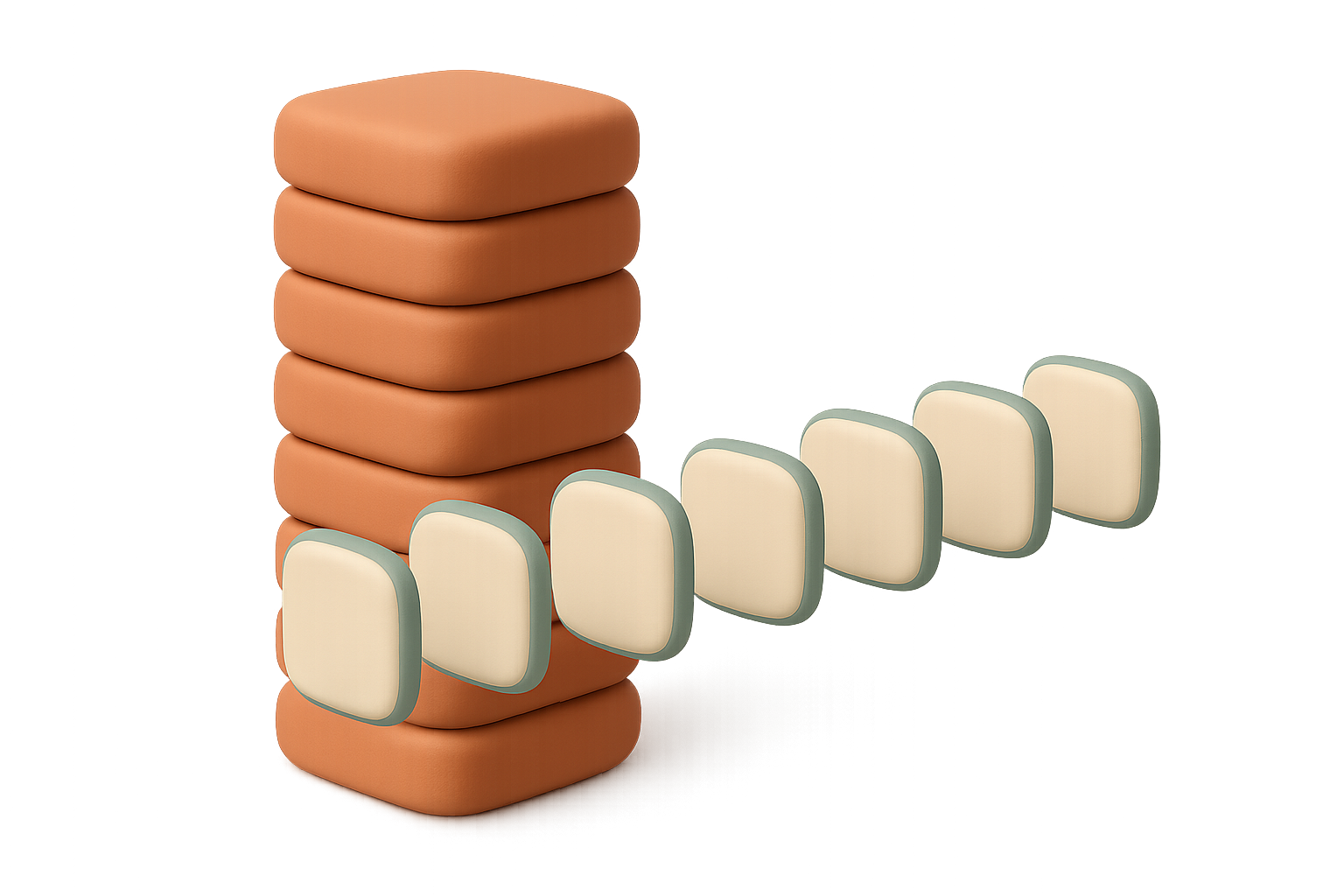 A tall stack of rounded terracotta tiles with six smaller cream tiles lifted out of it and floating in a row in front