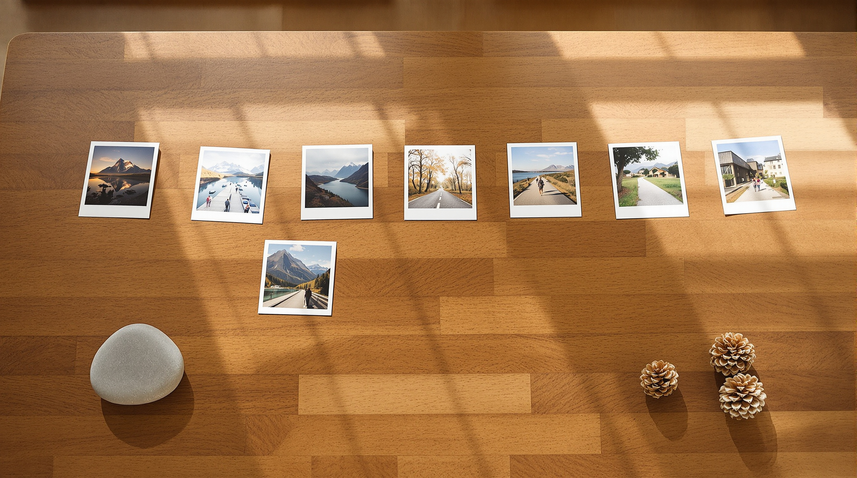 Nine small photographic prints arranged in a curving line across a warm walnut table beside a grey pebble and three pinecones, in bright window light
