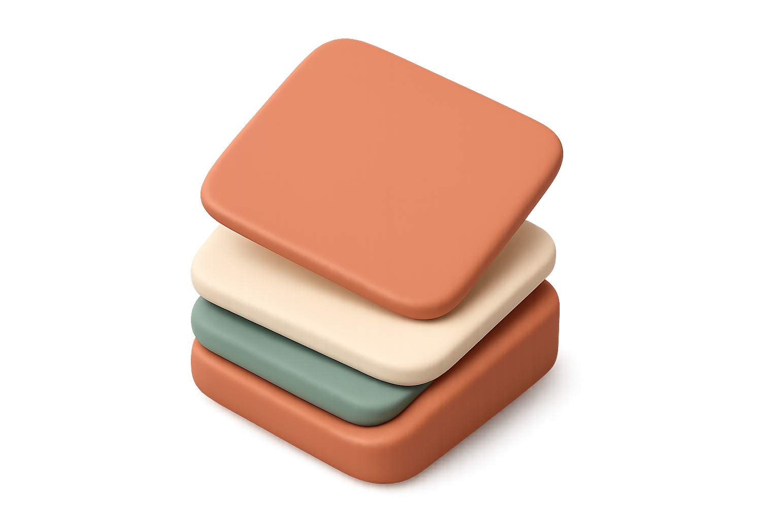 Matte three-dimensional illustration of a neat stack of four rounded photograph cards in terracotta, cream and sage, the top card lifted and tilted off the stack