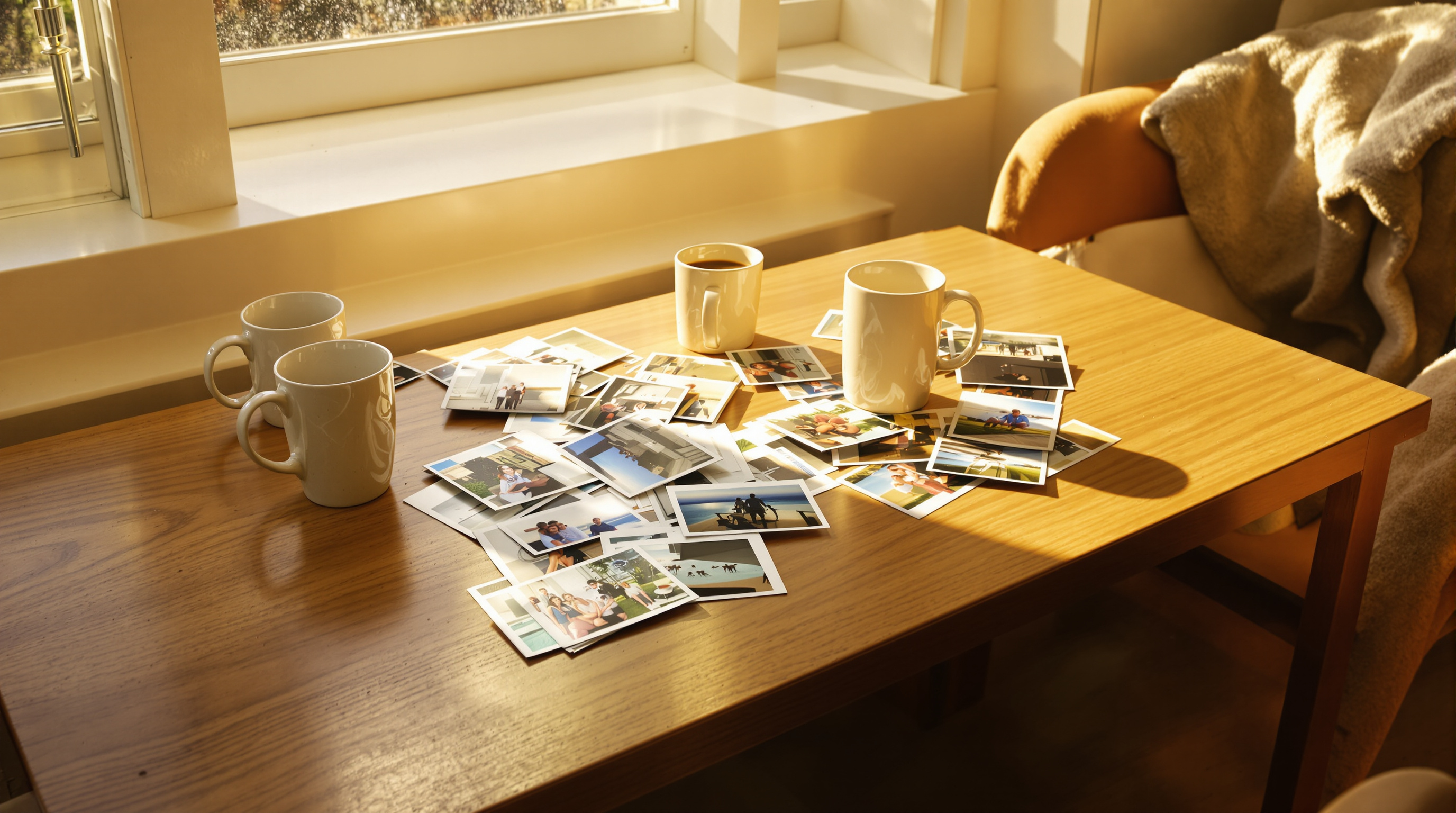 Printed photographs scattered across a wooden table beside coffee mugs in warm golden sidelight from a window, a blanket over the chair behind