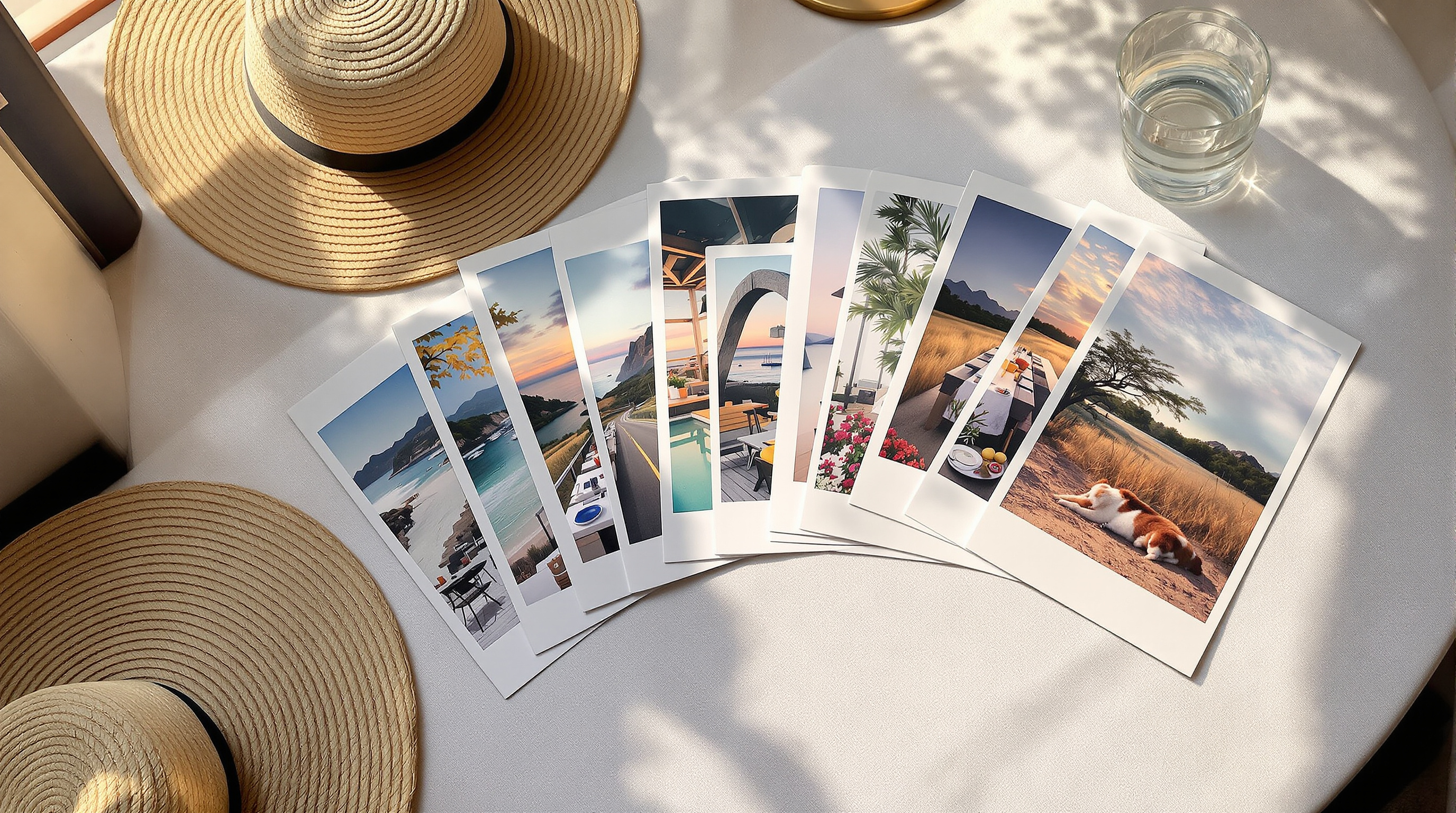 A fan of printed holiday photographs spread across a pale linen tablecloth beside a straw sun hat and a glass of water in bright warm daylight