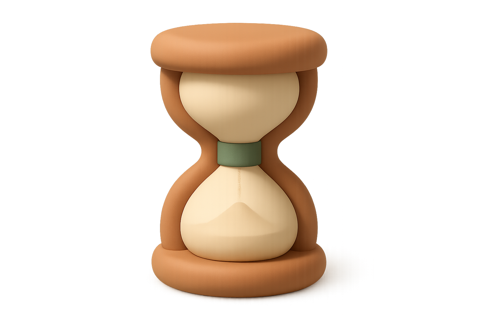Matte three-dimensional illustration of an hourglass in terracotta and cream with a sage green band at its waist, sand still running from the upper bulb