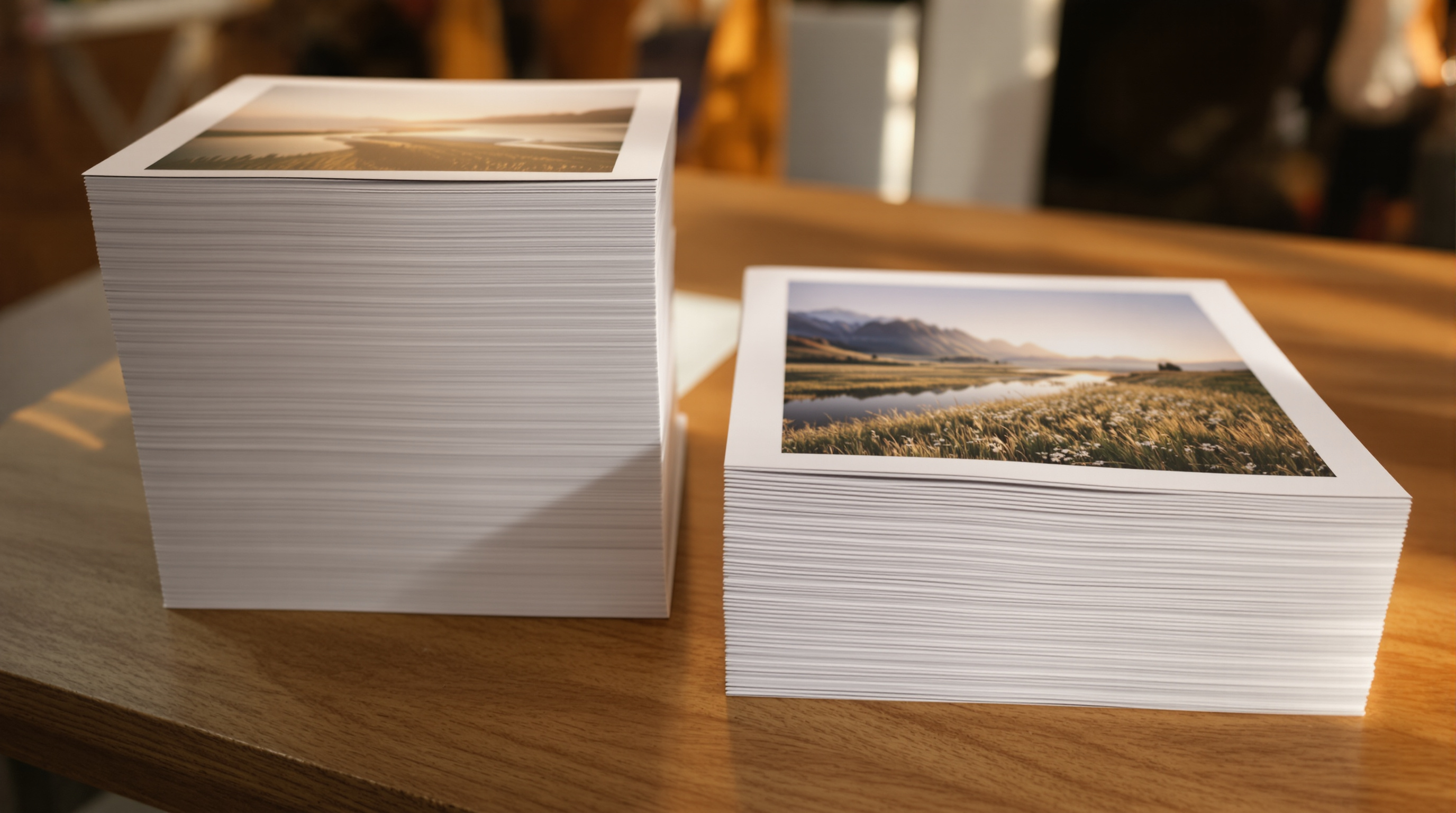 A tall stack and a short stack of photographic prints side by side on a warm wooden table in golden light